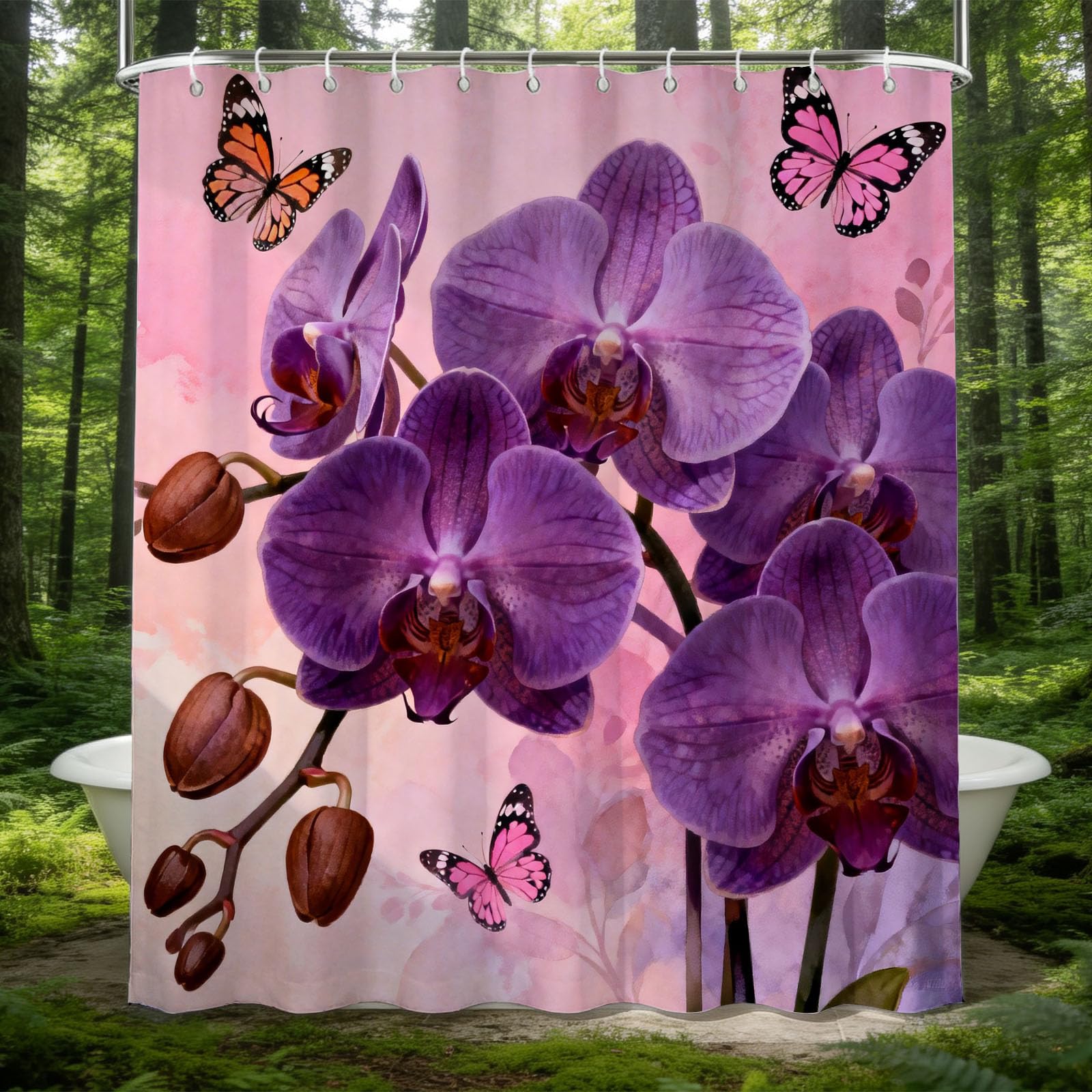 Hongduo 3D Purple Orchid Shower Curtain for Stalls Bathtubs Floral Design Bathroom Decor Shower Curtain Set Polyester Fabric Waterproof 120x180cm/48X71 Inch with Hooks