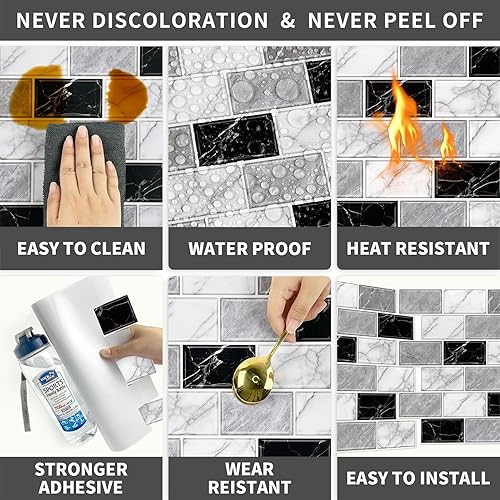 Miniatura 4 de URCOLOR 10 hojas de salpicaduras para cocina, despegar y pegar, 12 x 12 pulgadas, autoadhesivo para salpicaduras de baño, aspecto de mármol negro,