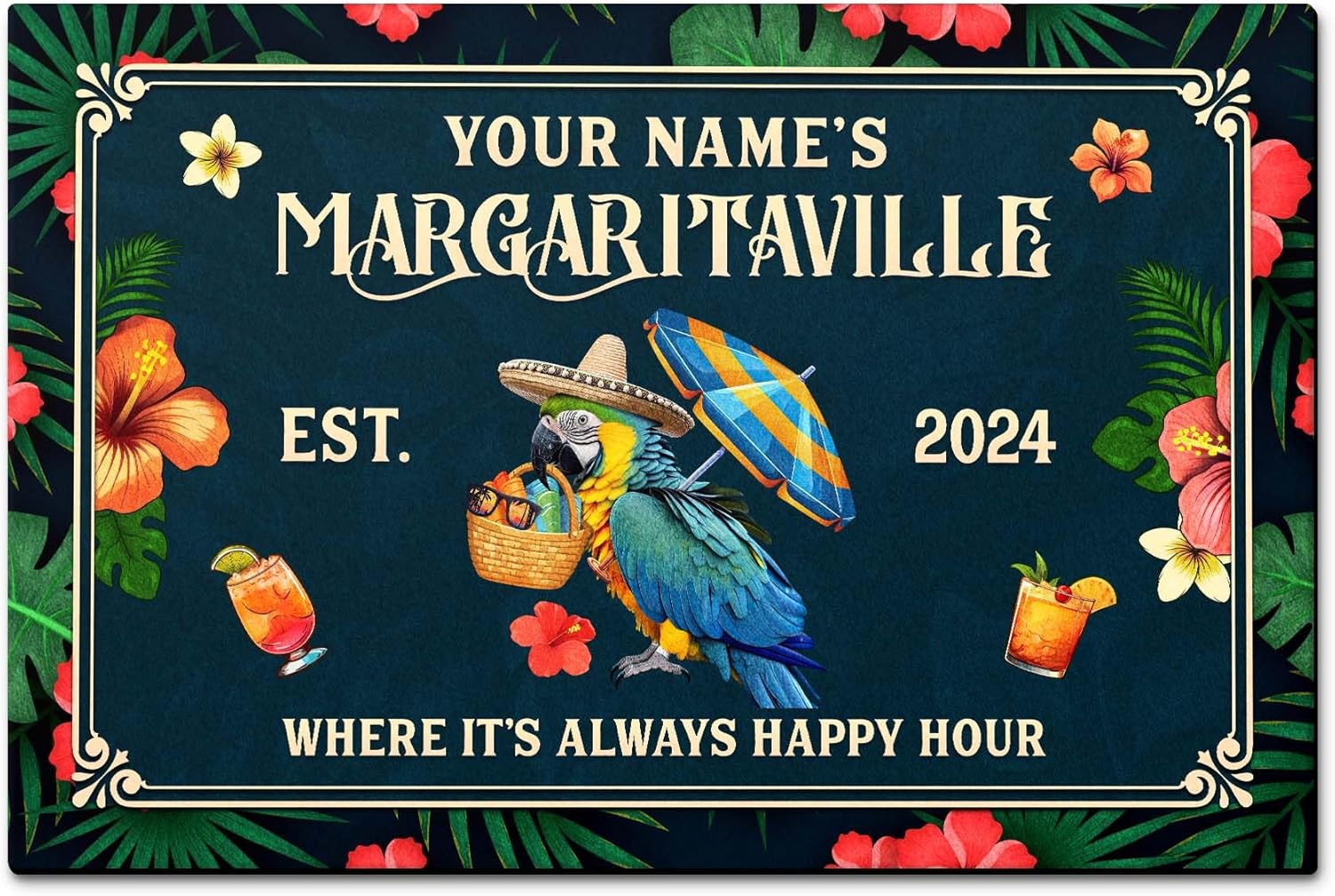 Artsy Woodsy Personalized Drying Tiki Bar Mat, Rubber Non