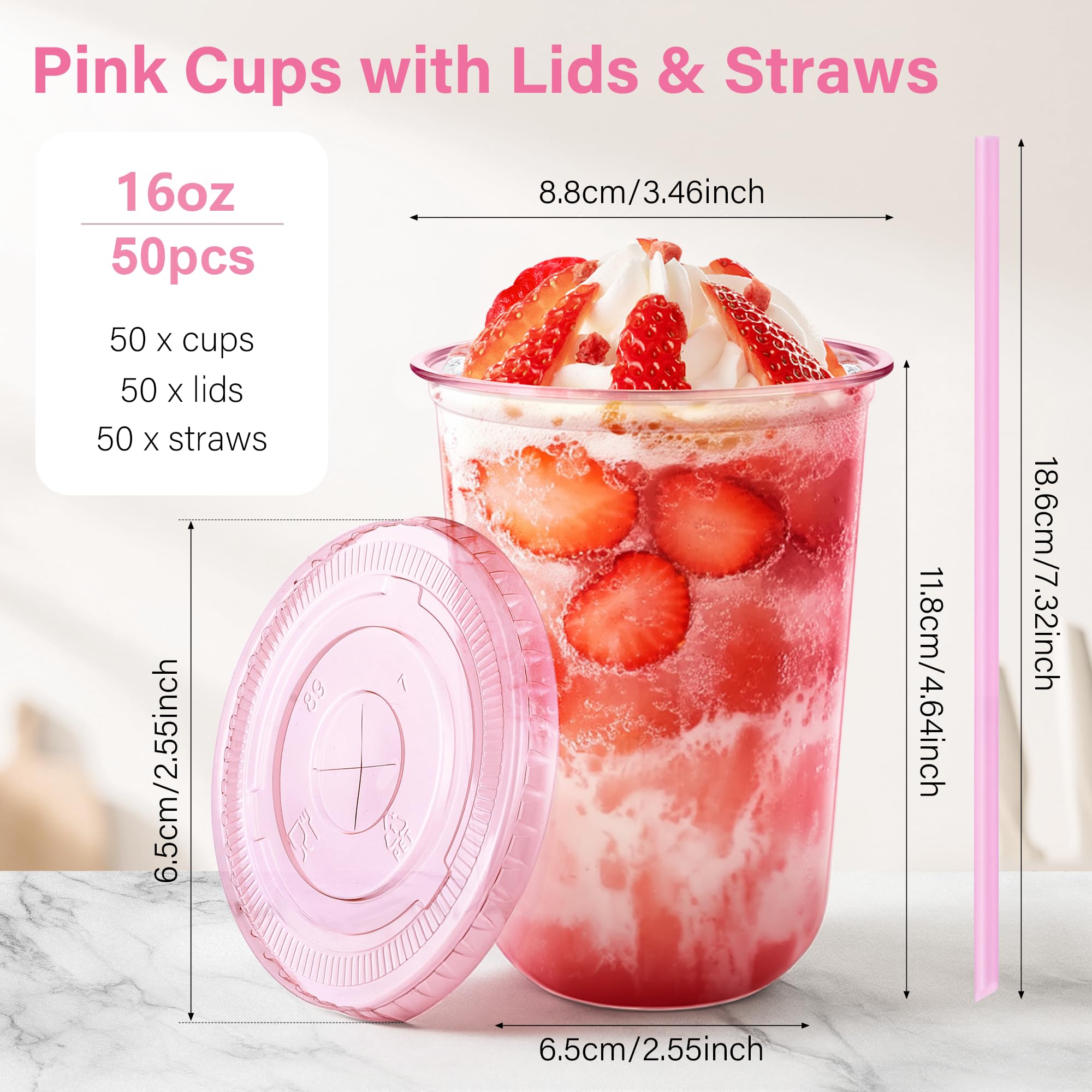 KesaPlan 50 Pack 16 oz Pink Plastic Party Cups with Lids and Straws — Amazon image 2