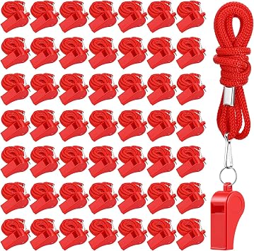 50 Pack Plastic Whistles for Coaches, 120db Loud Crisp Sound Sports Whistles Bulk with Lanyard, for Lifeguard Survival Emergency Safety Training Football Soccer Gym Outdoor Activities - Red