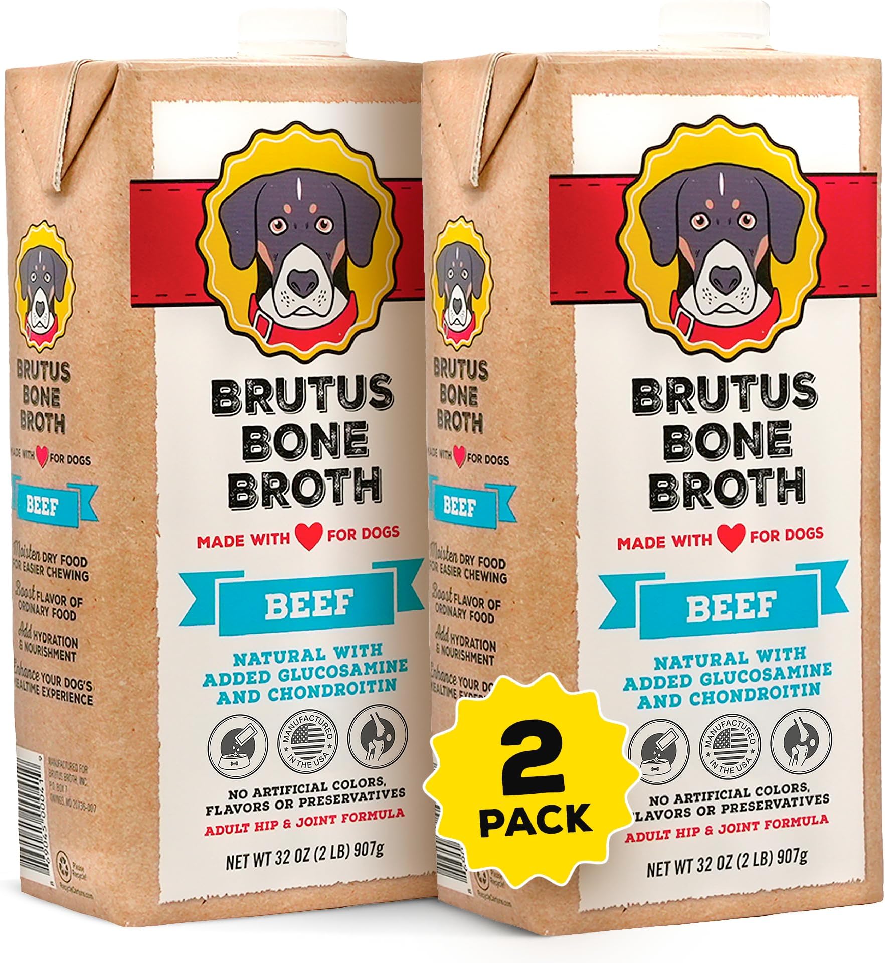 Brutus Beef Bone Broth for Dogs - All Natural Bone Broth with Chondroitin Glucosamine & Turmeric, Human Grade Food Toppers for Picky Eaters & Dry Food -Tasty & Nutritious- Pack of 2