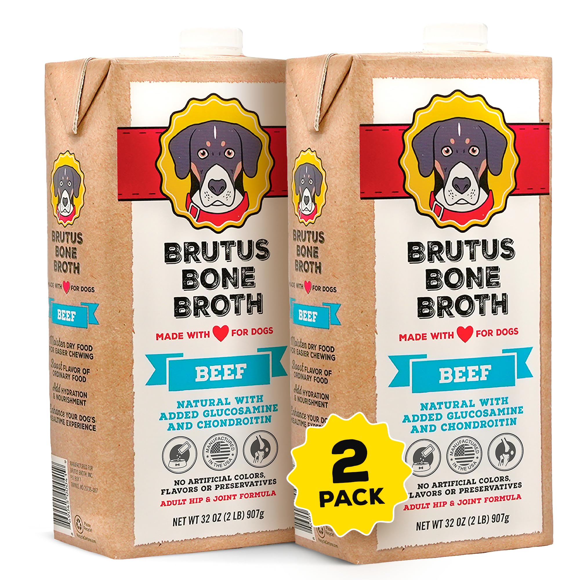 Brutus Beef Bone Broth for Dogs - All Natural Bone Broth with Chondroitin Glucosamine & Turmeric, Human Grade Food Toppers for Picky Eaters & Dry Food -Tasty & Nutritious- Pack of 2
