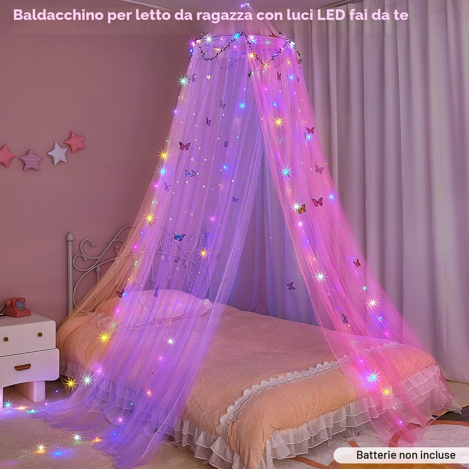MHJY Tenda a baldacchino per camera da letto, con luci LED, zanzariera, fai da te, decorazione per la stanza delle principesse, con stelle e farfalle