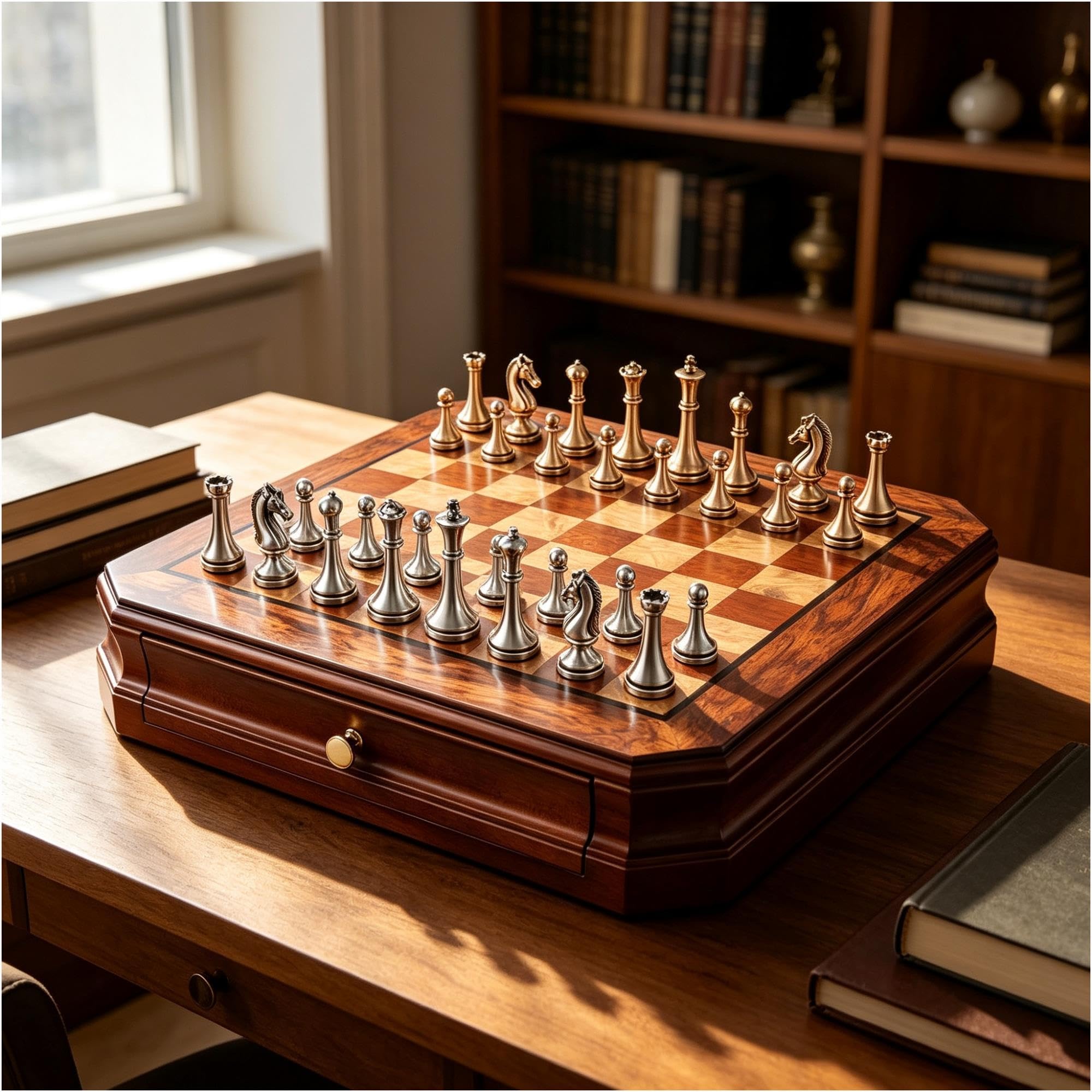 Set scacchi in legno fatto a mano con pezzi in metallo e cassetto