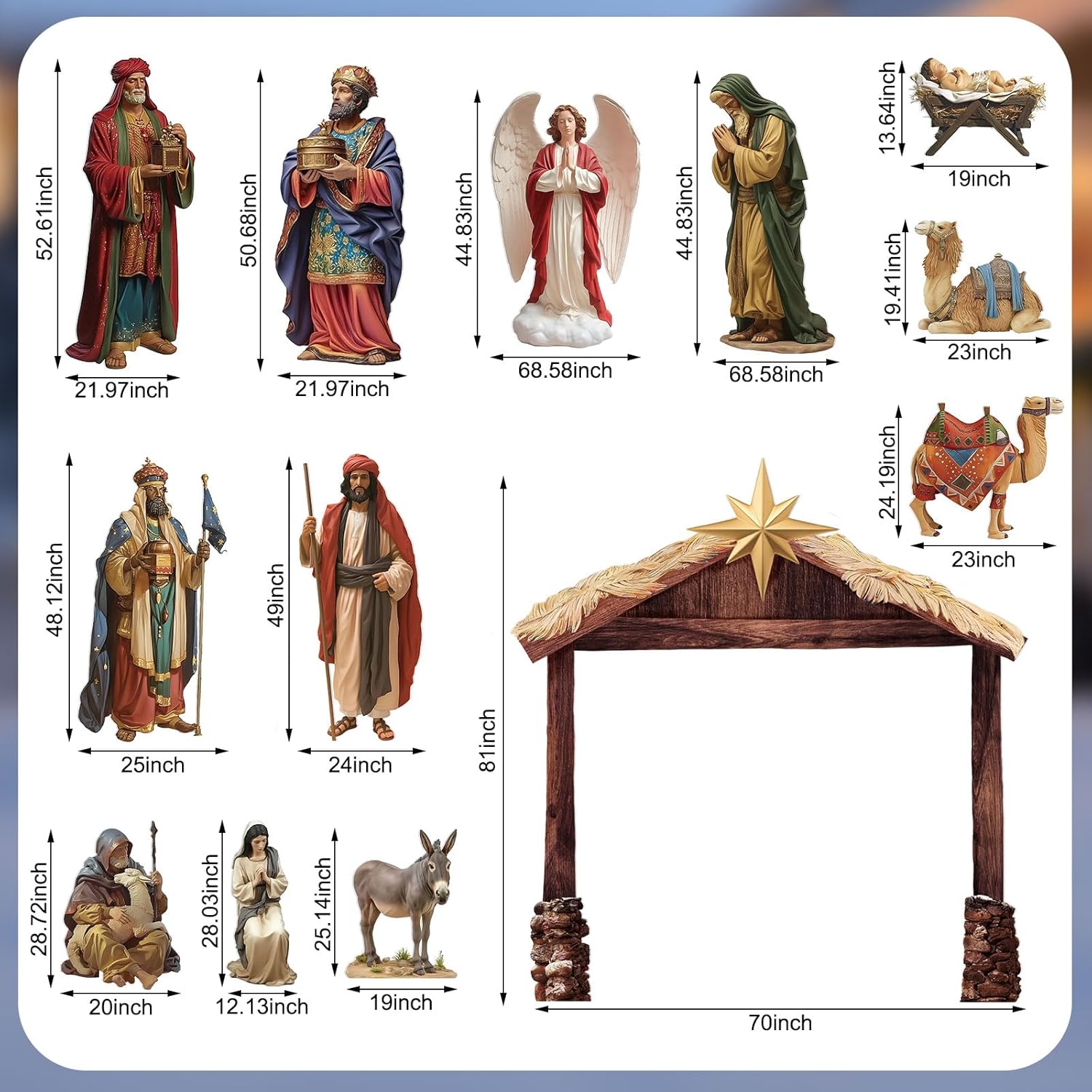 12 pcs large outdoor christmas nativity scene set with crèche stable 81'' holy family outdoor yard sign pvc weatherproof christian manger nativity scene set for christmas outside yard lawn decor