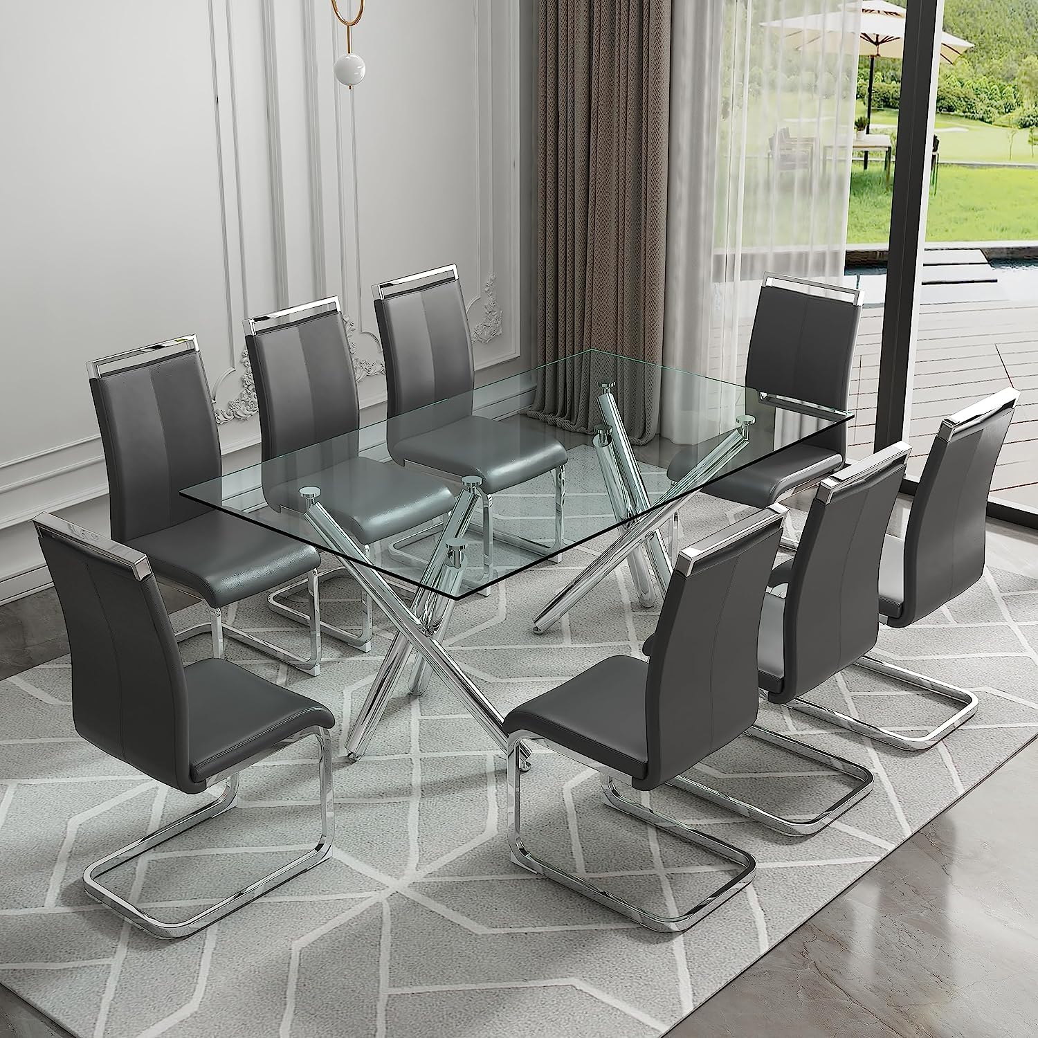 Amazon.com - 71" Large Glass Dining Table Set for 8, 9 Piece Dining Set ...