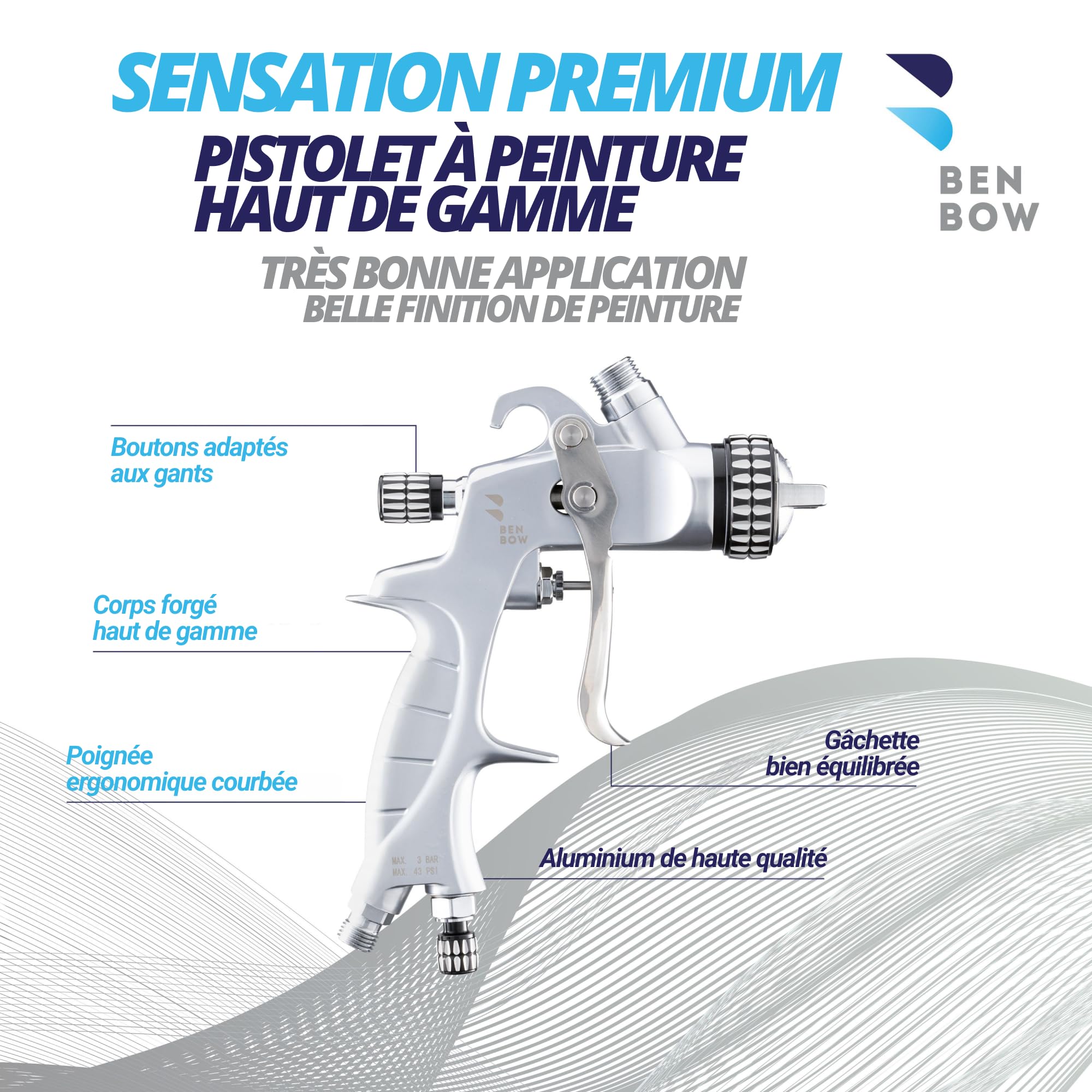 BenBow Pistolet à Peinture PK60 HVLP 1,4 mm + 1,8 mm buse + réservoir de Peinture de 600 ML – idéal pour la Peinture Automobile – Pistolet pulvérisateur