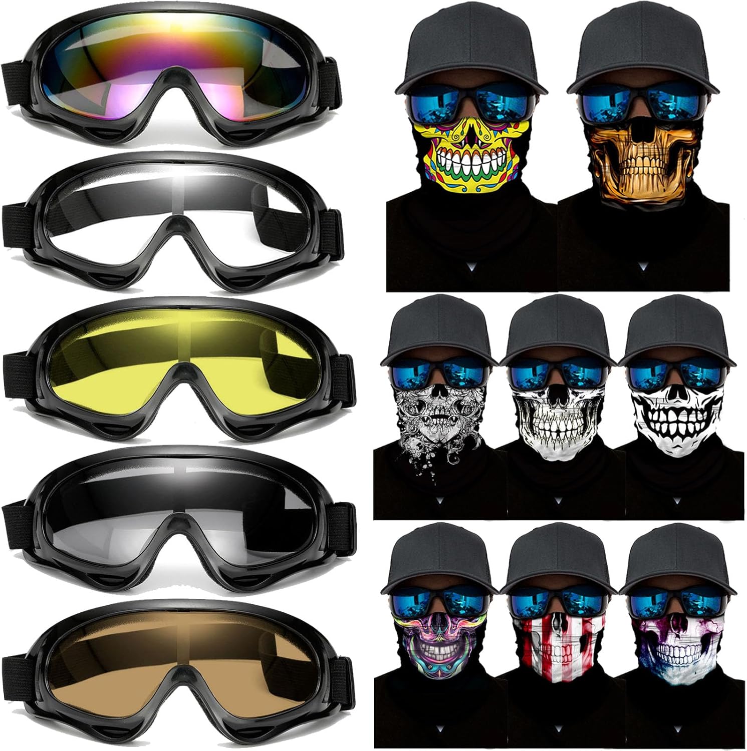 Motorcycle Accessories, 5 Dirt Bike ATV Ski Goggles Dustproof Windproof Safety Glasses with 8 Skull Face Mask