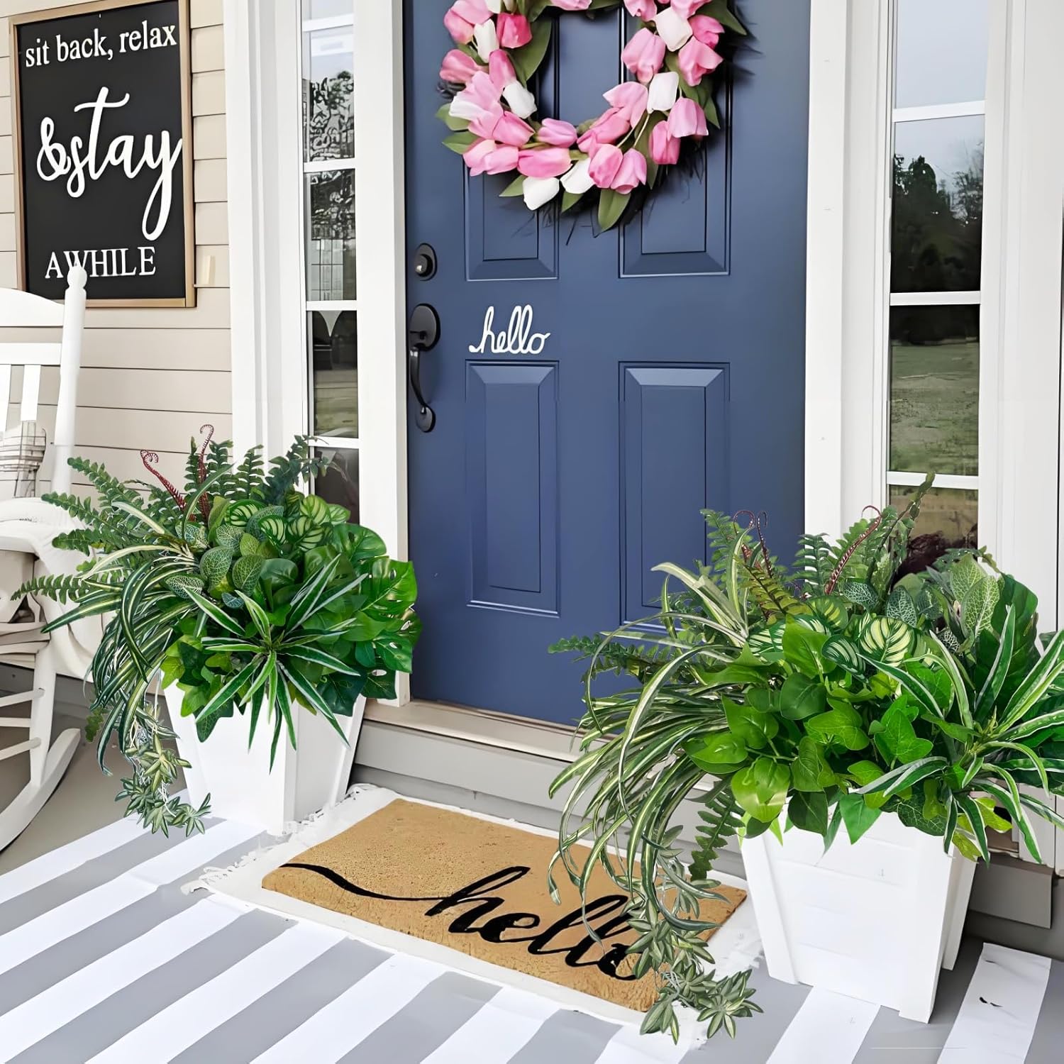 artificial plants fake greenery for outdoor porch planter, uv resistant faux realistic large shrubs bushes plastic green filler for spring outside front door patio decoration, 8 bundles