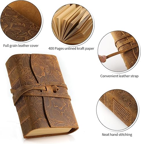 Miniatura 3 de Ringsun Cuaderno de escritura de cuero para mujeres y hombres, 400 páginas de papel kraft, 7 x 5 pulgadas, cuaderno diario vintage encuadernado en