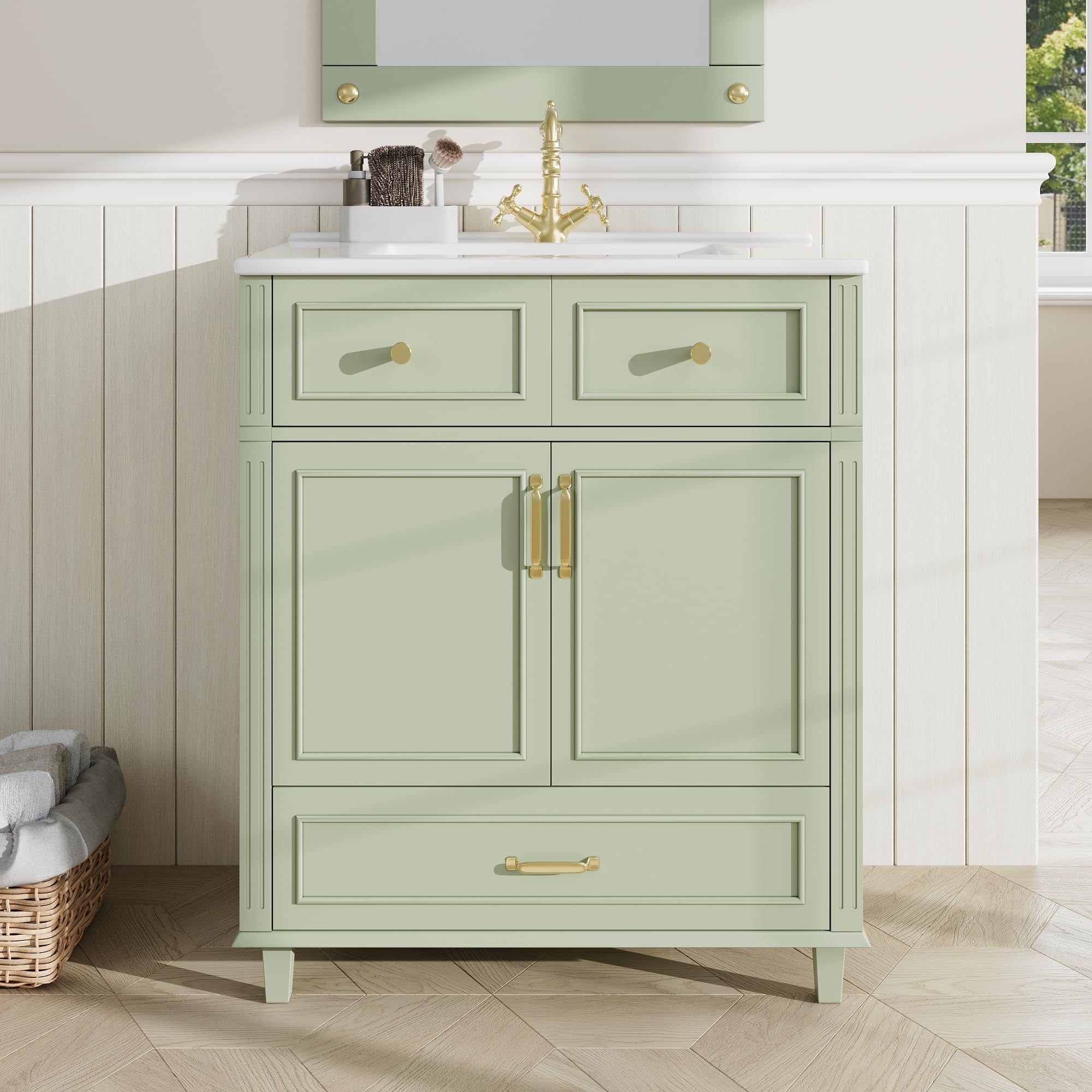 Meuble lavabo 81 cm avec Vasque en céramique, Petit Meuble sous-Vasque avec 3 Tiroirs et Rangement Caché, Poignées Dorées, Désign Simple Moderne, WC Invités, Salle de Bain, Vert-G