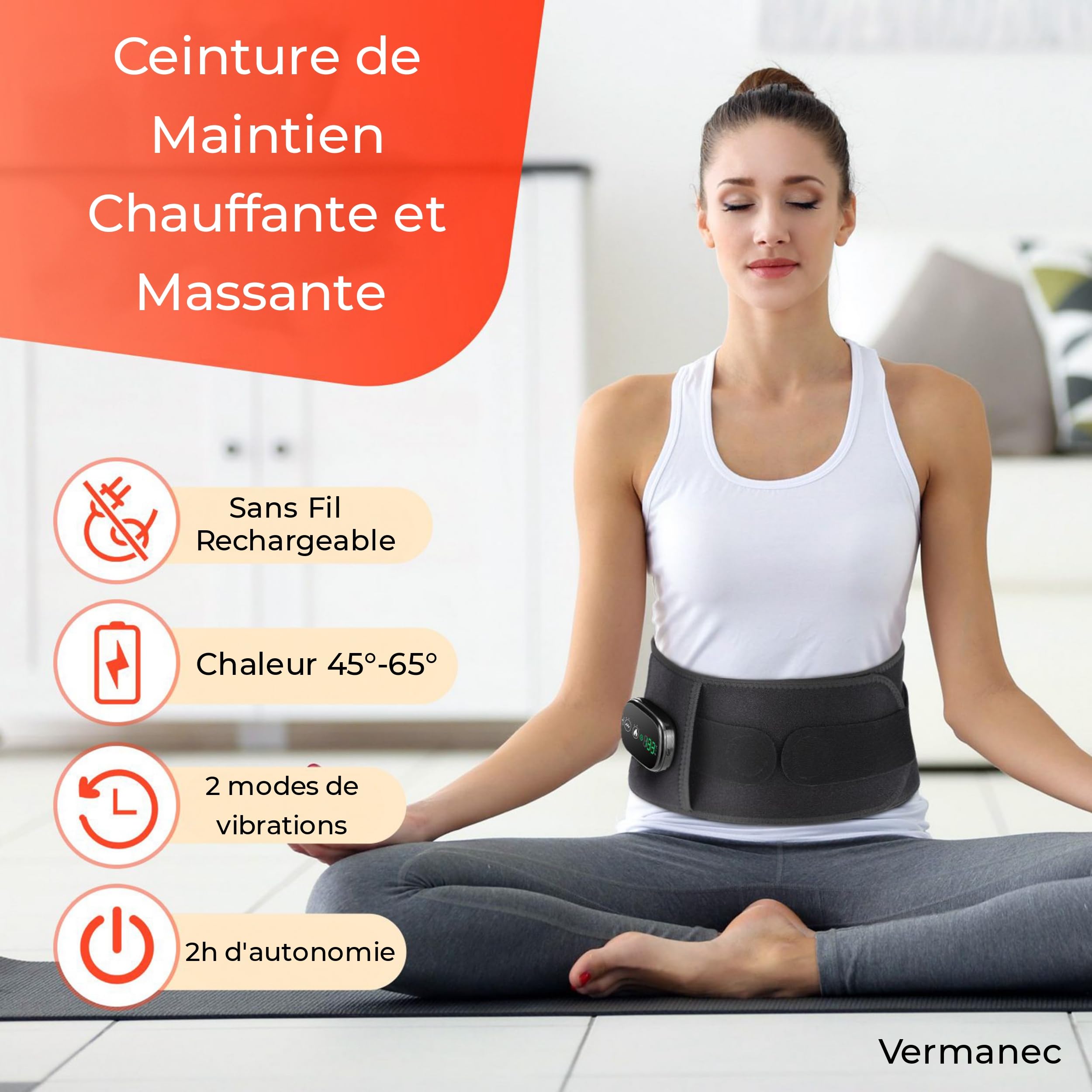 Ceinture de Massage Chauffante Pour Douleur Lombaire Sans Fil, Massage Du Dos, Shiatsu, Ceinture De Soutien Lombaire, Soulage Le Mal De Dos, Sciatique, Lombalgie, Douleur Menstruelle Coussin Chauffant