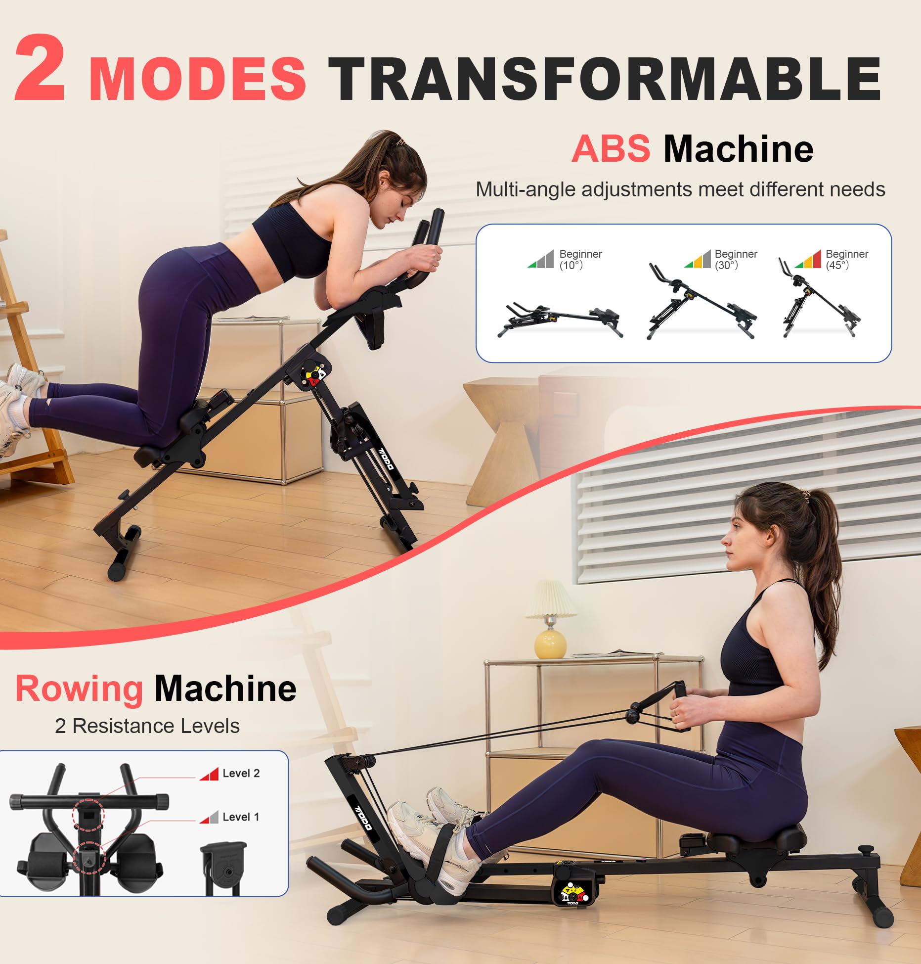 TODO 3 in 1 Vogatore per Casa, Multifunzionale Vogatore con 2 Intensità Regolabili, Trainer Addominale Pieghevole, Ab Trainer per Allenamento Muscolare e Tutto il Corpo, fino a 120KG