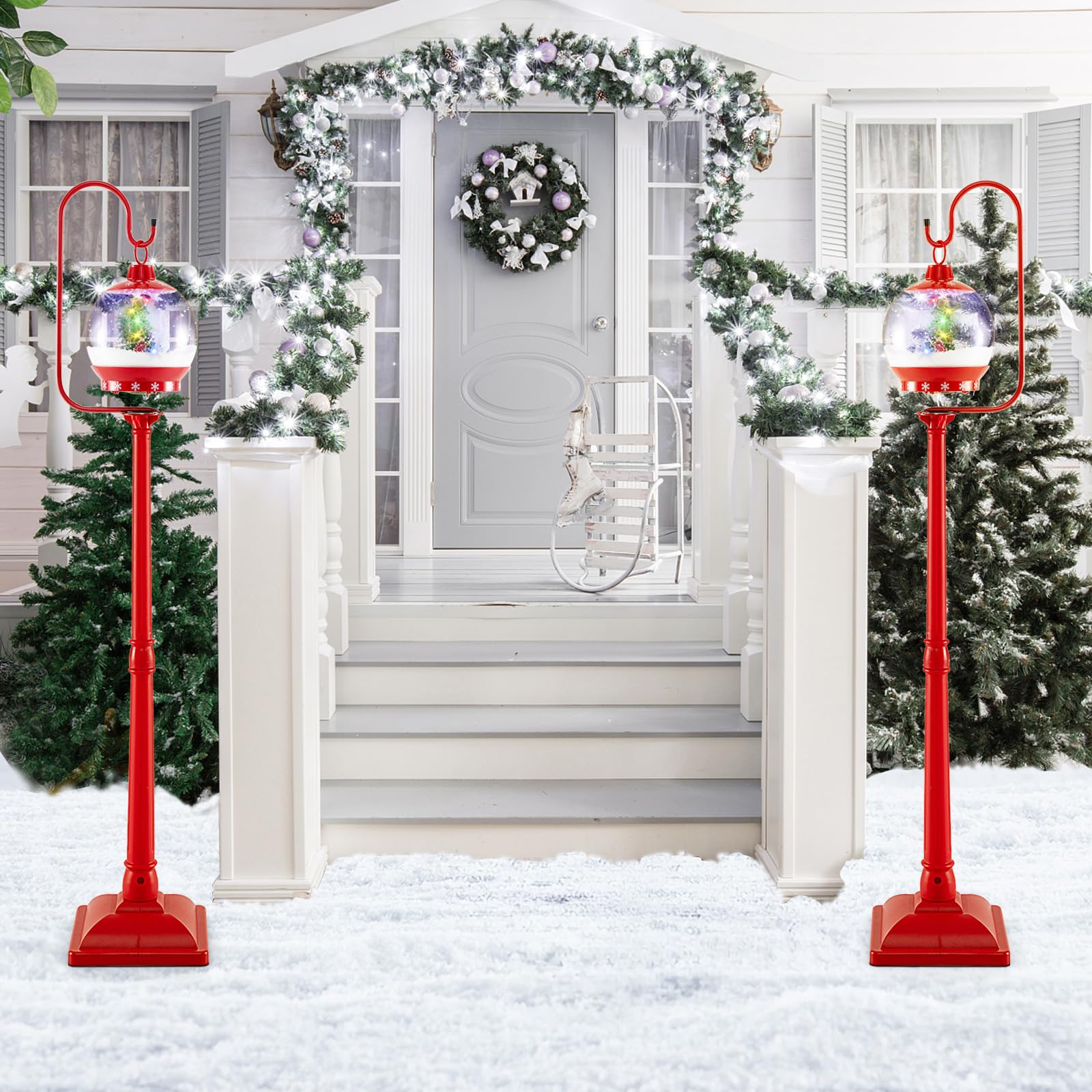 COSTWAY Lampadaire Musical de Noël de 173 cm, Lampadaire avec Lanterne à Boule de Neige Activée par Le Son Arbre Rotatif Père Noël Cerf Bonhomme de Neige, Décoration Lampe pour Maison Porche