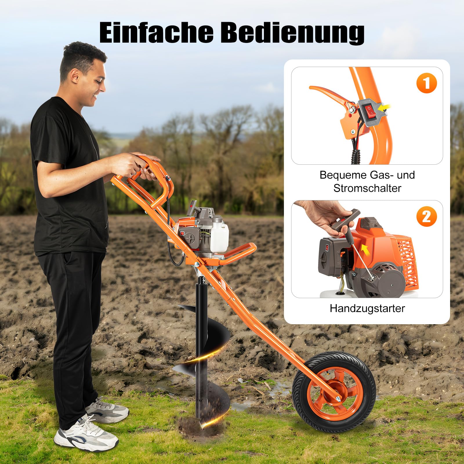 Trapano a gas a 2 tempi, con carrello manuale e serbatoio del carburante da 1,3 l, 63 CC 8800 ± 300 rpm, per trapano a benzina singolo, raffreddato ad aria, per trapano Ø 60 – 300 mm, per