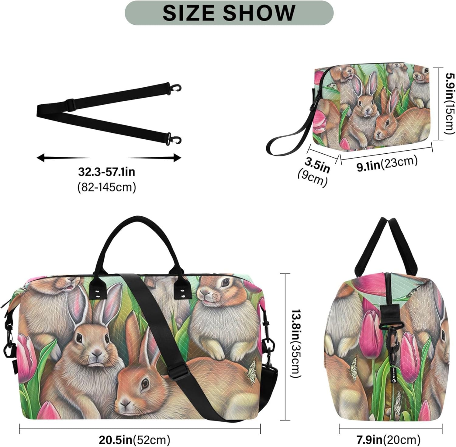 ヴィンテージ バニー チューリップ ダッフルバッグ トラベル&amp;トイレタリーポーチ 2個セット ペインティング レディース ト