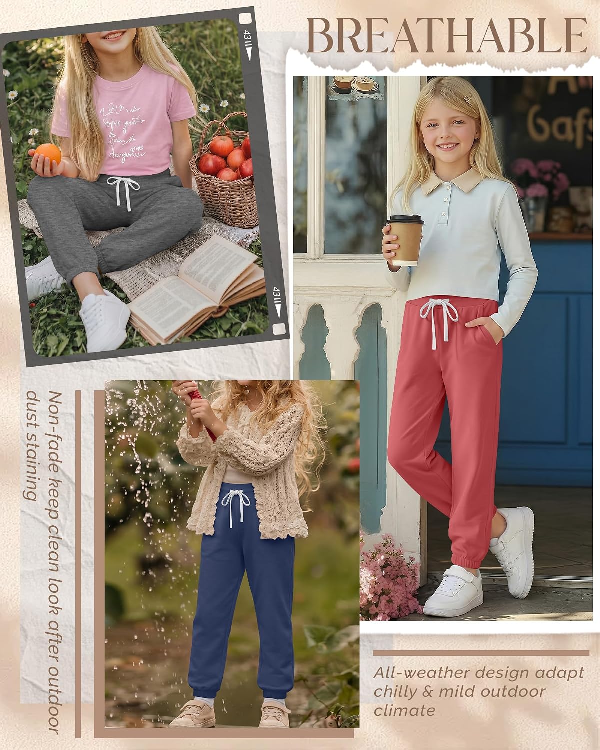 4 Pack Girls Sweatpants Jogger Drawstring for 5-16 Years Athletic Tapered Cuffs Casual Soft Pants with Pockets