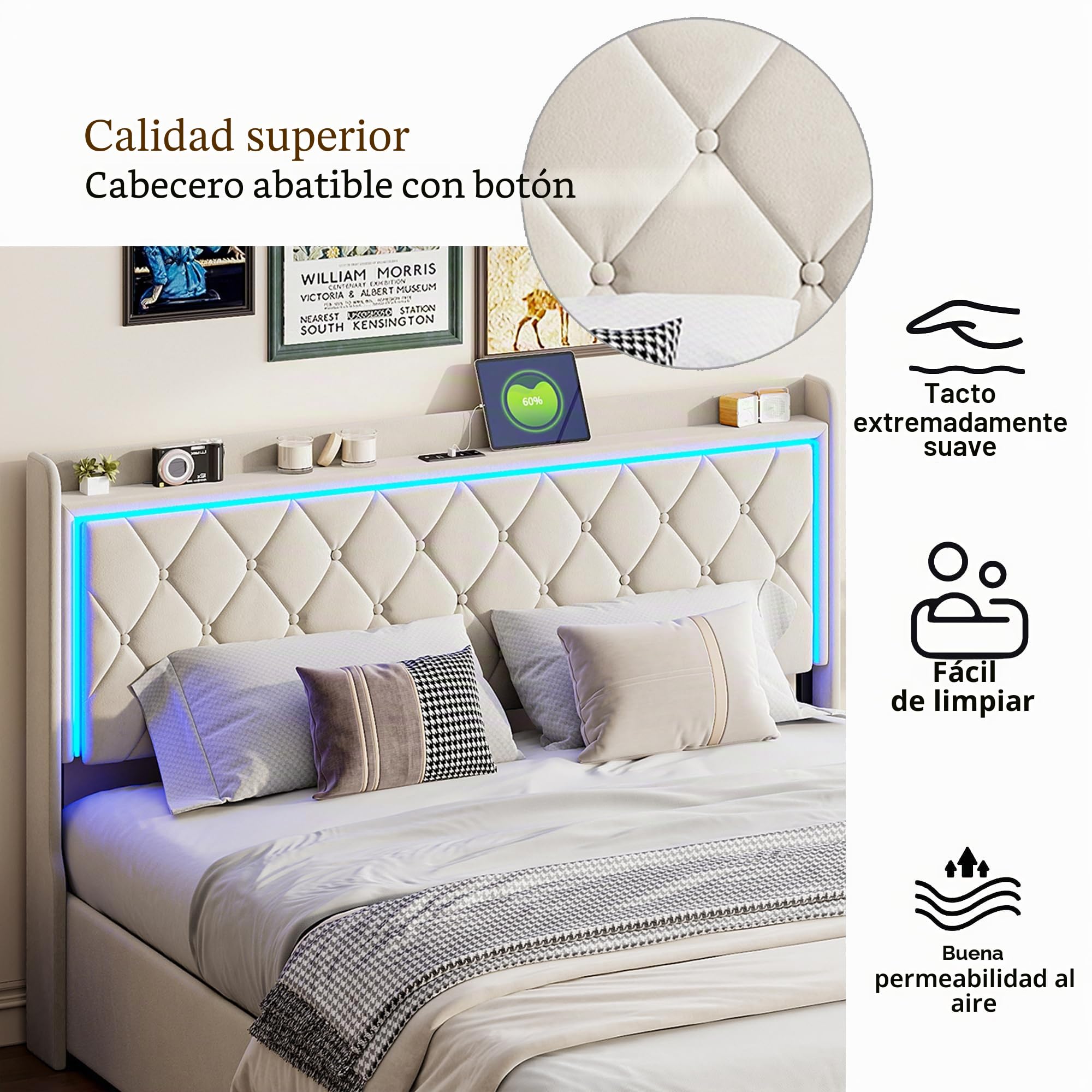 Cama Canapé 140x190 cm con LED y USB, Cama Doble Tapizada en Terciopelo Beige con Somier de Lamas, Cabecero con Almacenaje, Diseño Capitoné (Beige A, 140x190cm)