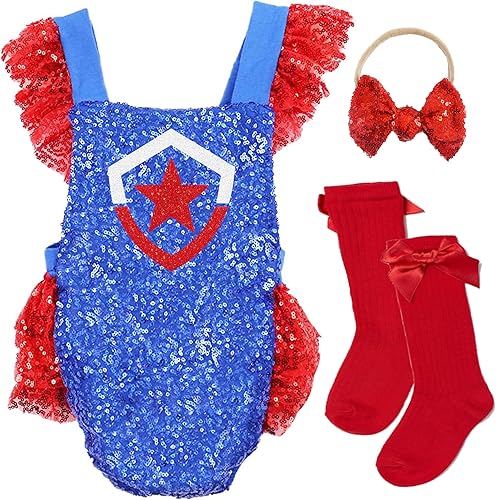 Miniatura 1 de Capatin America inspired baby Girl superhero Halloween Costume Avengers customized baby girl costume superhero girl sequin romper high knee socks