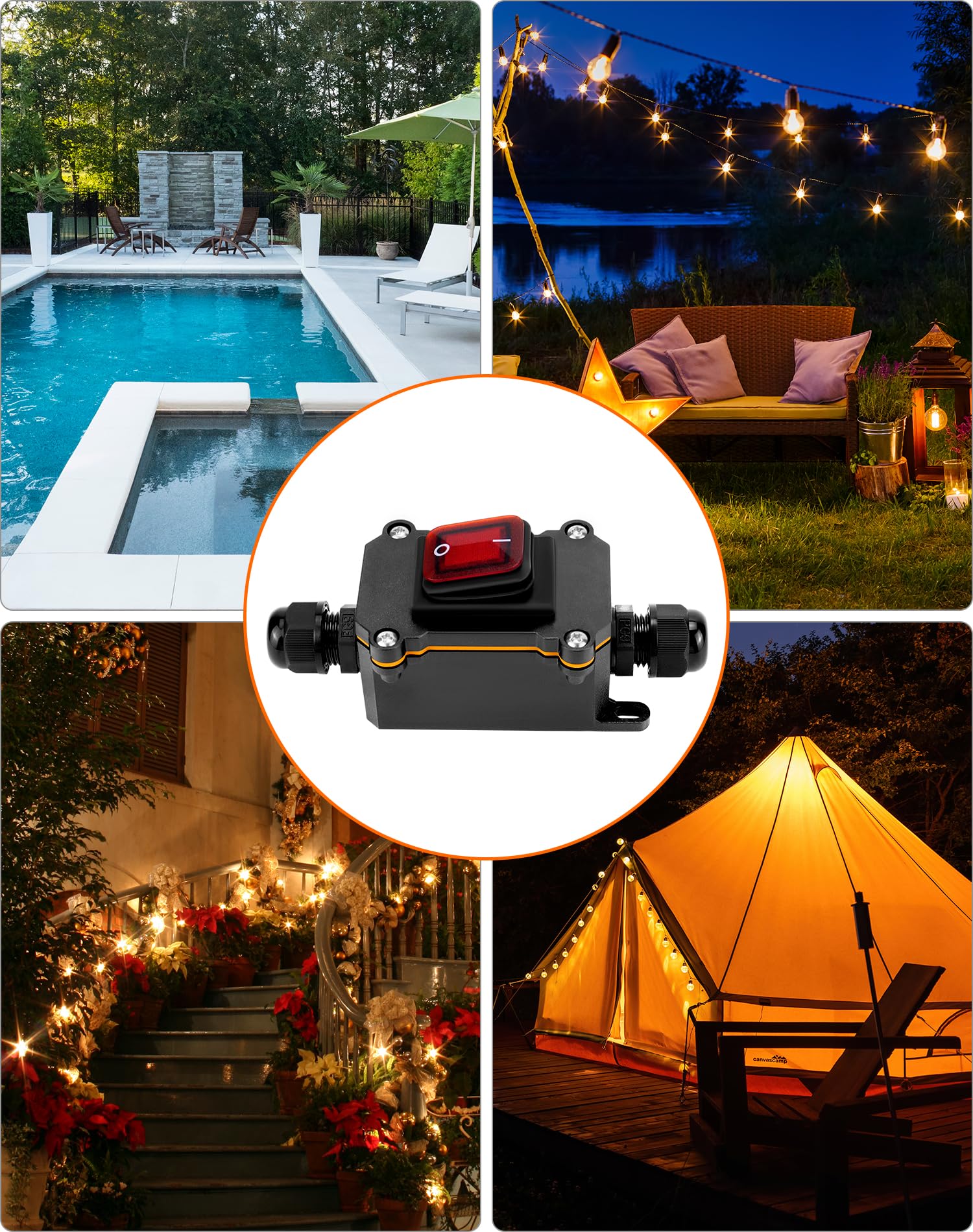 QWORK® Interruptor de cable en línea impermeable IP65 con luz indicadora roja, 220V 30A, DPST de 4 pines, control de encendido/apagado de doble posición