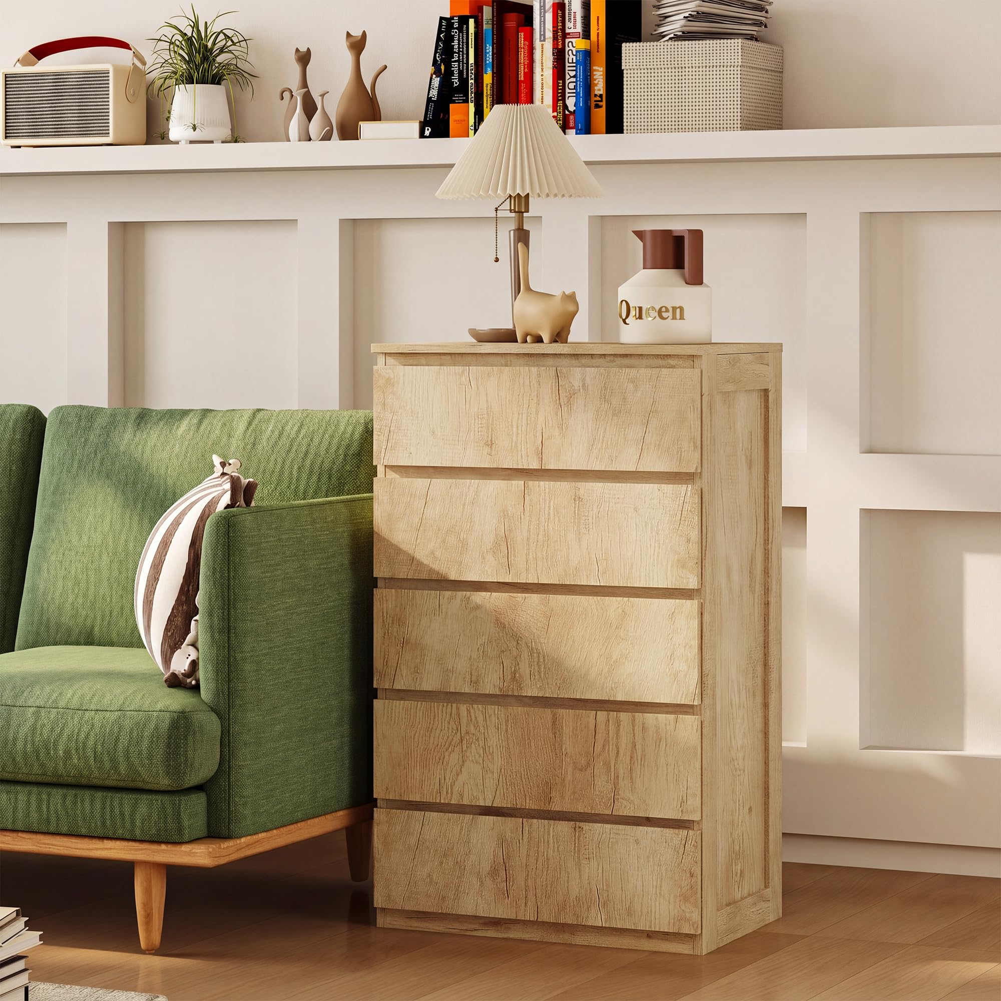 HOMCOM Cómoda 5 Cajones Diseño sin Tiradores 60x39x100 cm Madera Natural | Cómoda Dormitorio Moderna, Sinfonier, Cajonera para Sala de Estar, Comedor, Entrada