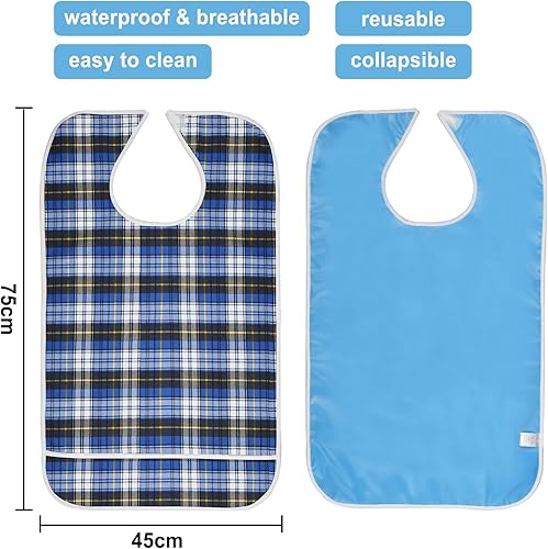 Miniatura 11 de Baberos para adultos, protector de ropa impermeable con atrapador de migas, baberos de comedor reutilizables para ancianos, hombres y mujeres Azul,
