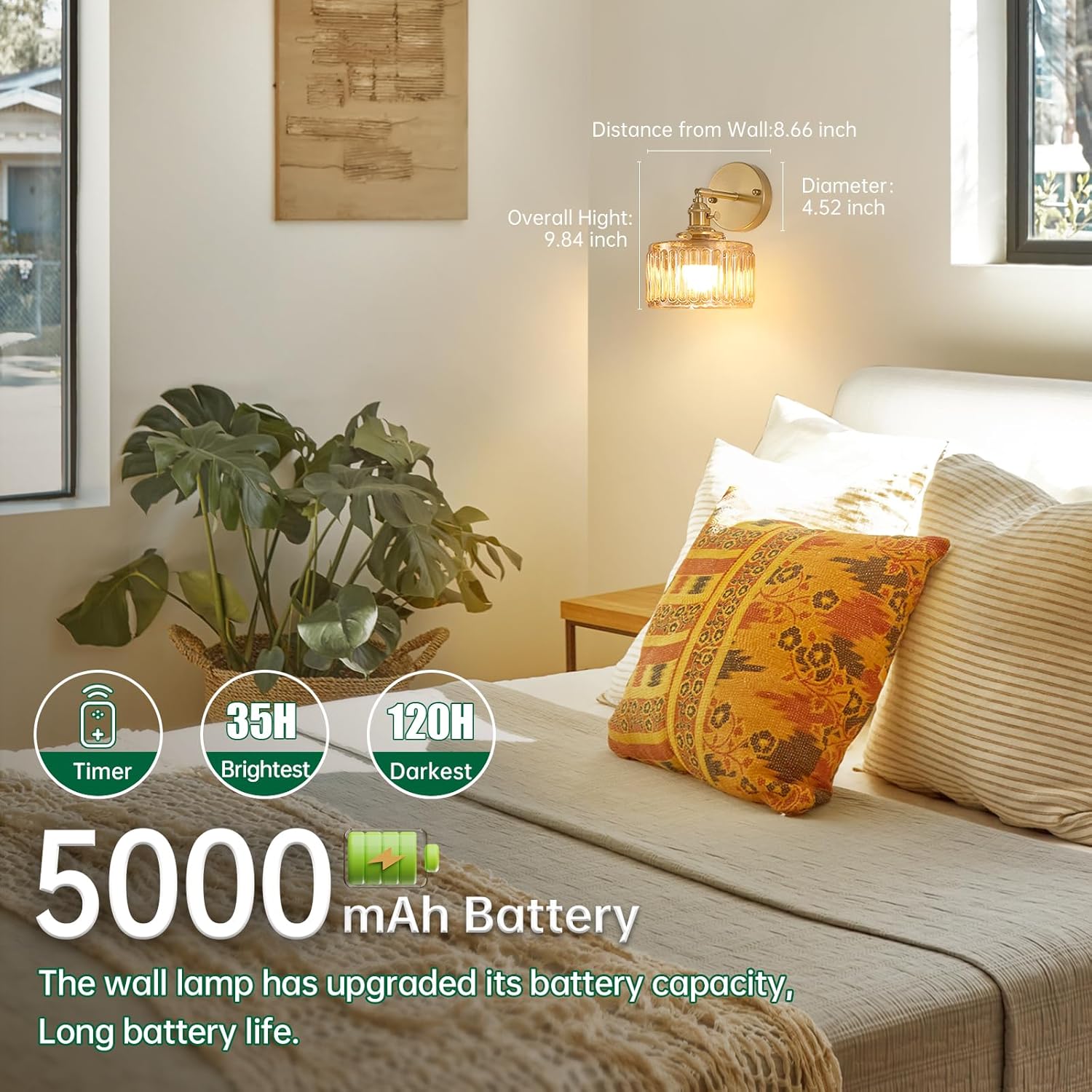 Vintage Battery Operated Wall Sconce with Amber Striped Glass Lampshade 5000 mAh Rechargeable Battery Powered Wall Light with Remote Control for Bedside Bedroom Doorway, Set of 2