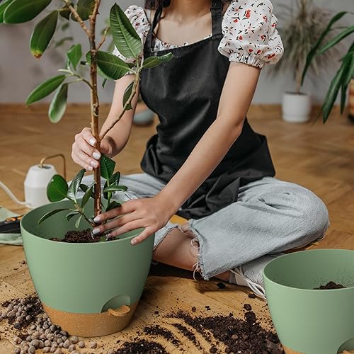 Miniatura 2 de ZMTECH Paquete de 3 macetas de 8910 pulgadas con borde de riego automático con agujeros de drenaje y platillo extraíble, maceta de plástico para