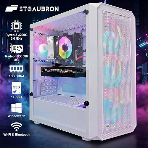 Miniatura 2 de STGAubron Computadora de escritorio para videojuegos, AMD Ryzen 3 3200G 3.6 GHz, Radeon RX 580 8G, 16G DDR4, 1T SSD, WiFi 6, BT 5.0, ventilador RGB