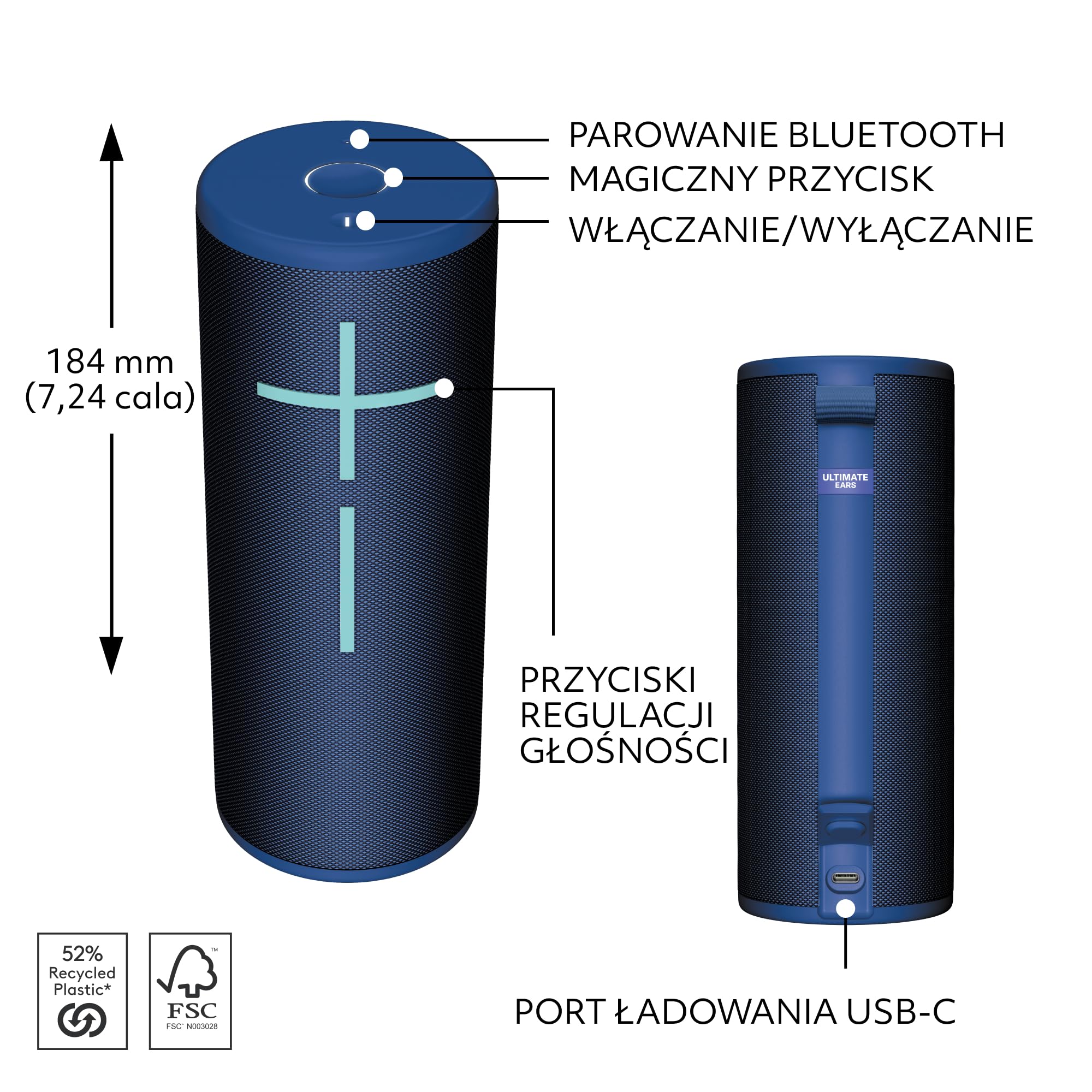 Ultimate Ears BOOM 4, przenośny wodoodporny głośnik Bluetooth o 360-stopniowym zasięgu, ten unoszący się na wodzie głośnik działa przez 15 godzin na baterii i ma zasięg do 45m - Niebieski