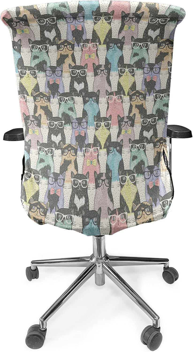 Ambesonne Cat Office Chair Cover, Pattern with Hipster Playful Feline Characters with Glasses and Bowties Vintage Style, Stretchable Decorative Universal Size High Back Printed Slipcover, Dimgrey