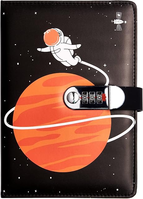 NectaRoy A5 Lockable Diary, PU Leather Password Notebook(Universe Planet Astronaute), Secret Travel Journal with Lock for Office School Supplies Student Stationery Birthday Gift, 210x145mm