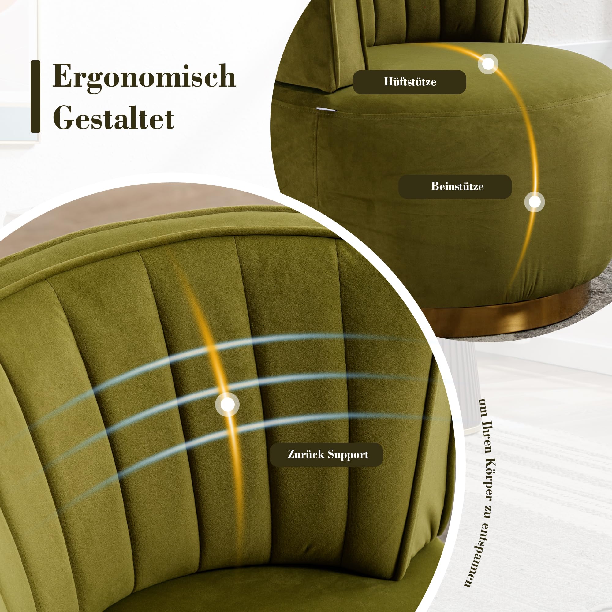 Sedia girevole moderna a 360 gradi, con finitura in velluto morbido, schienale comodo, struttura stabile, adatta per soggiorno, camera da letto, studio, verde oliva