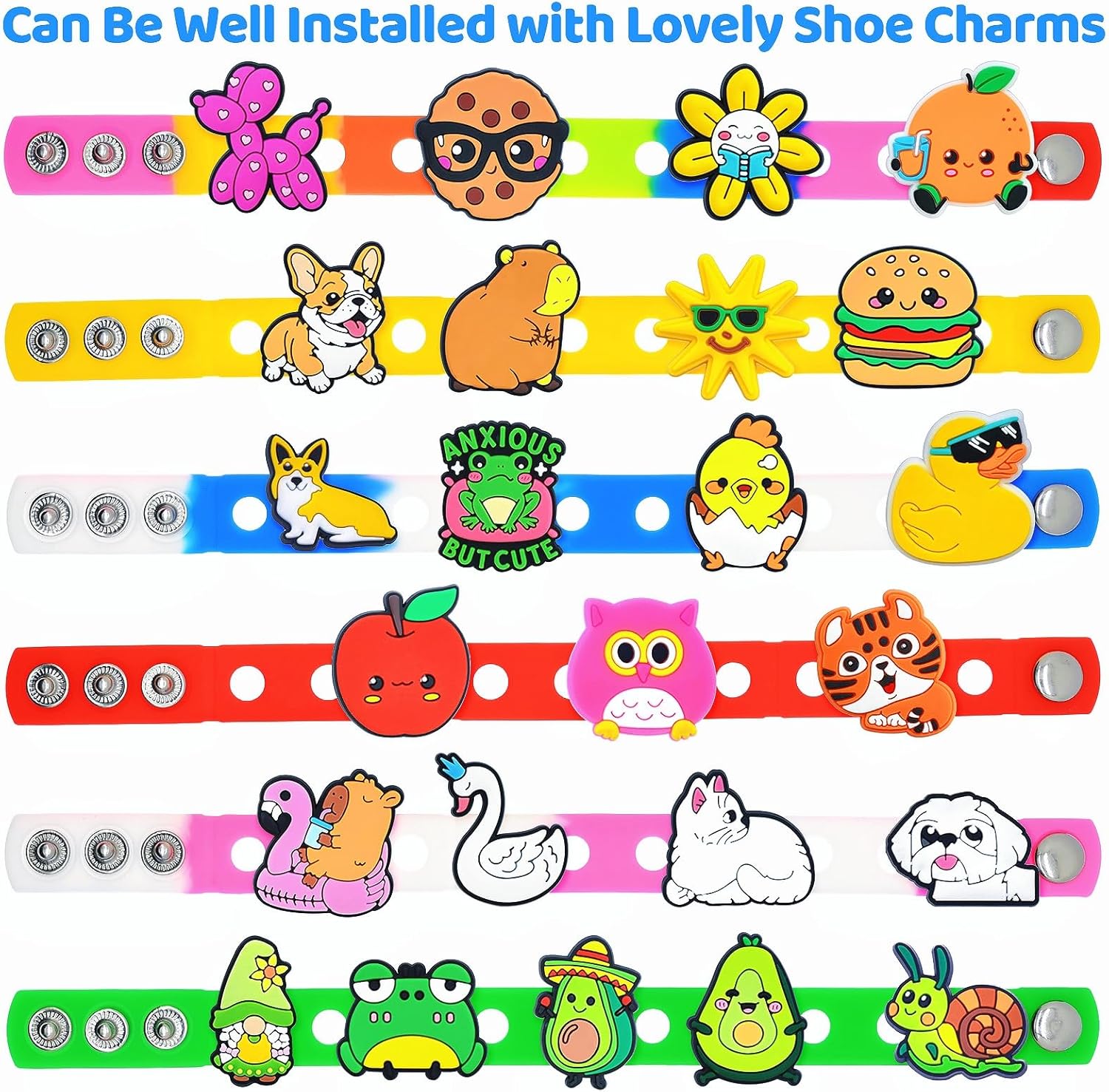 Bulk 60/100Pcs 8inch Silicone Charm Bracelets Adjustable Bracelet Bands Random Charms Wristbands Colorful Wrist Bands for Classroom Incentives Student Reward Party Favor Birthday Gifts