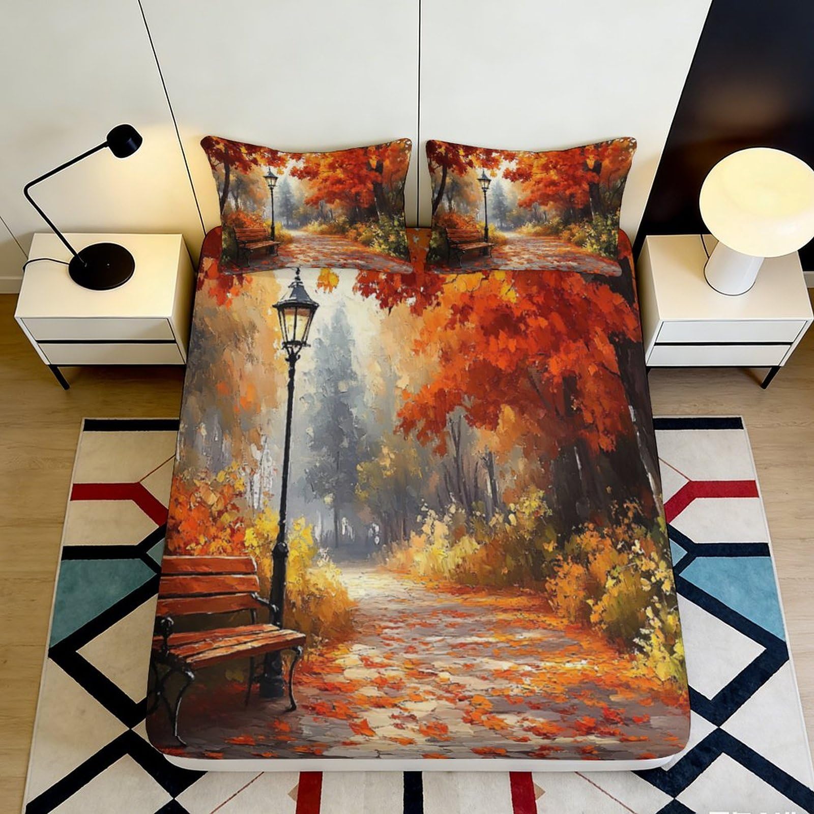 3D Printed Autumn Forest Fitted Sheet Microfiber Deep Pocket Bedding Set Autumn Scene Mattress Fitted Cover Non-Slip Washable 200x200x25cm 90x200x25cm