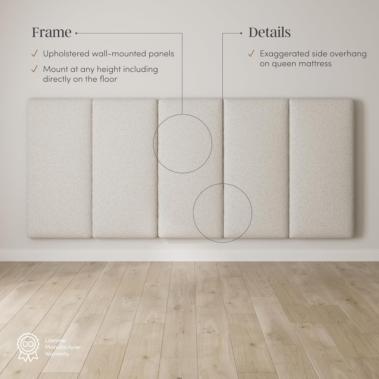 Nathan James Marissa King Size Upholstered Headboard with 6 Panels, Wall Mounted Boucle Headboard, White