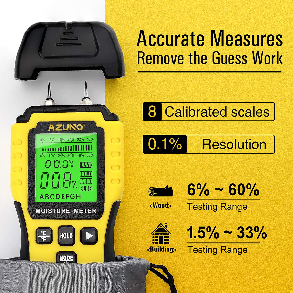 AZUNO Wood Moisture Meter, PinType Wood Humidity Detector with 9 Modes