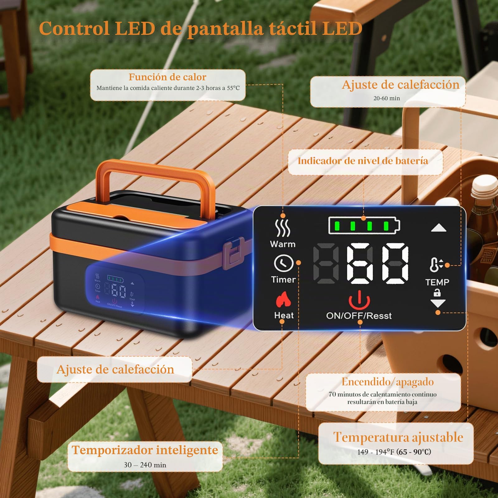 Taper electrico para comida, fiambrera recargable con calentamiento automático de 16 000 mAh, calentador de alimentos portátil de 1 l con calentamiento automático para oficina, picnic, coche