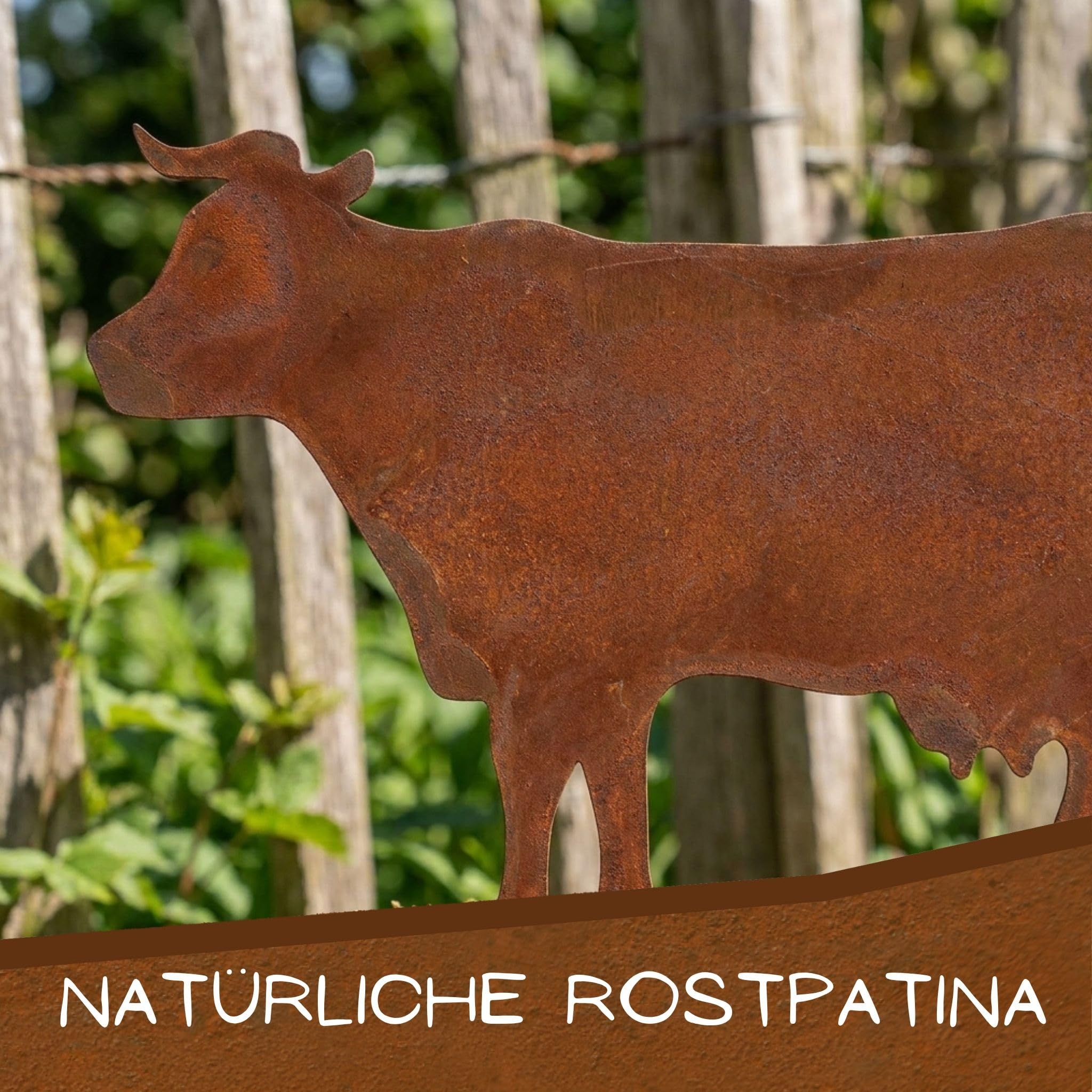 Rostikal Cortenstahl Gartendeko Kuh-Skulptur aus Metall, 75 cm hoch und 100 cm lang auf Bodenplatte und freistehend für Garten, Terrasse und Hof, handgefertigt in Bayern