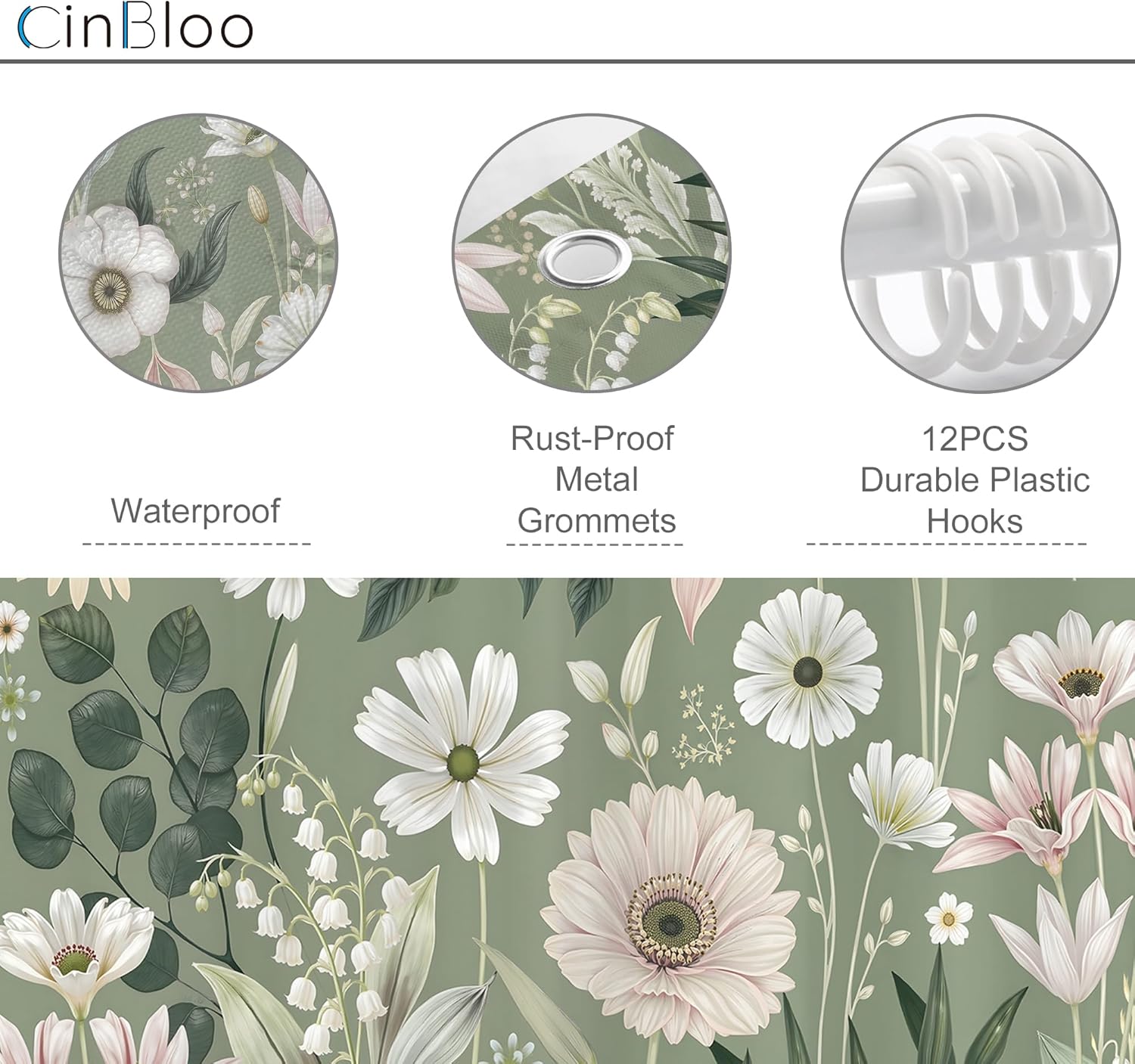 Cinbloo Sage Green Boho Floral 72Wx84H Shower Curtain Extra Long Rustic Spring Flower Wildflower Leaves Plant Botanical Botany Girly Bathroom Curtain Set Trendy Bath Bathroom Accessories Decor