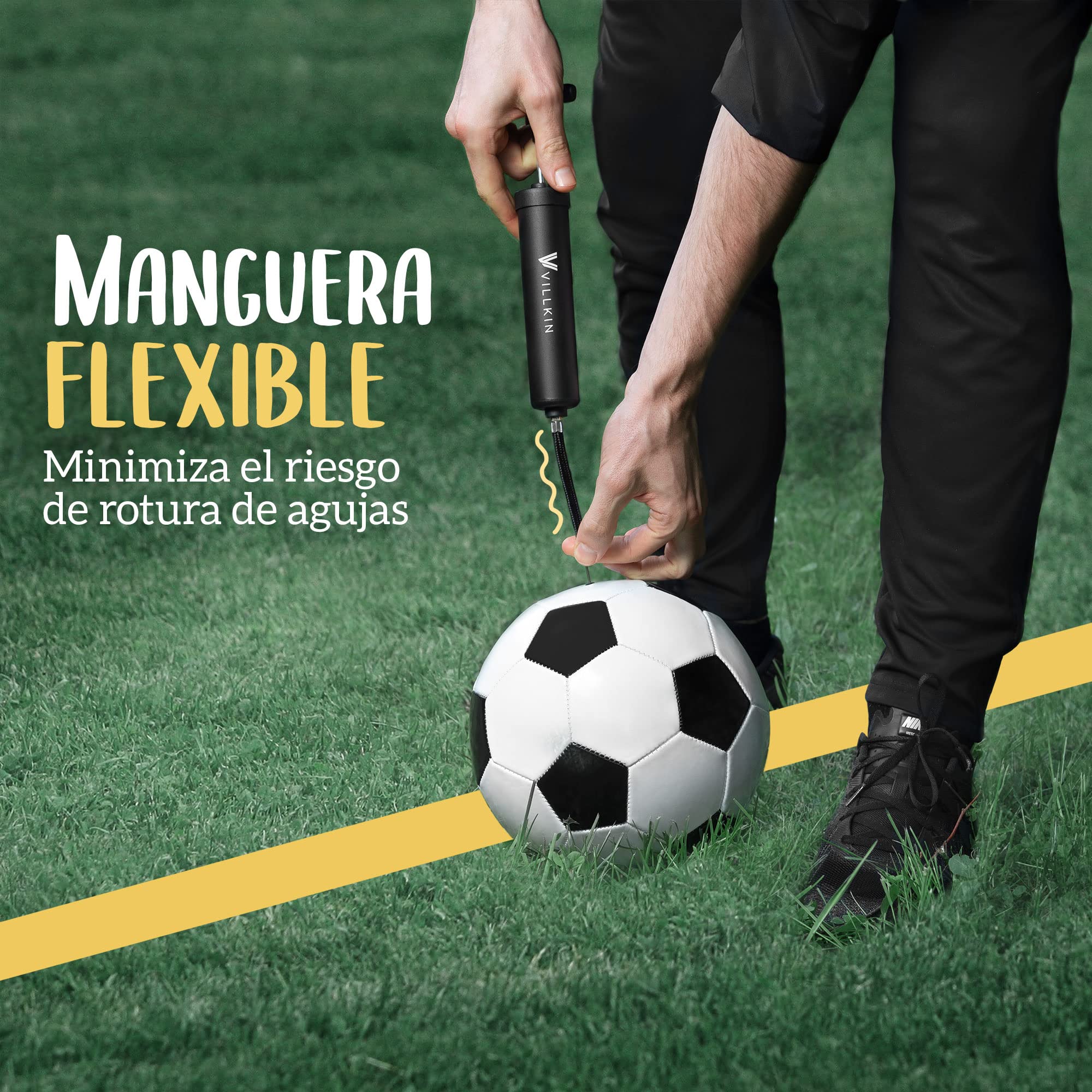Villkin Inflador para Pelotas con 4 Agujas de Metal, 2 Boquillas de Plástico, Manguera Flexible - Negro