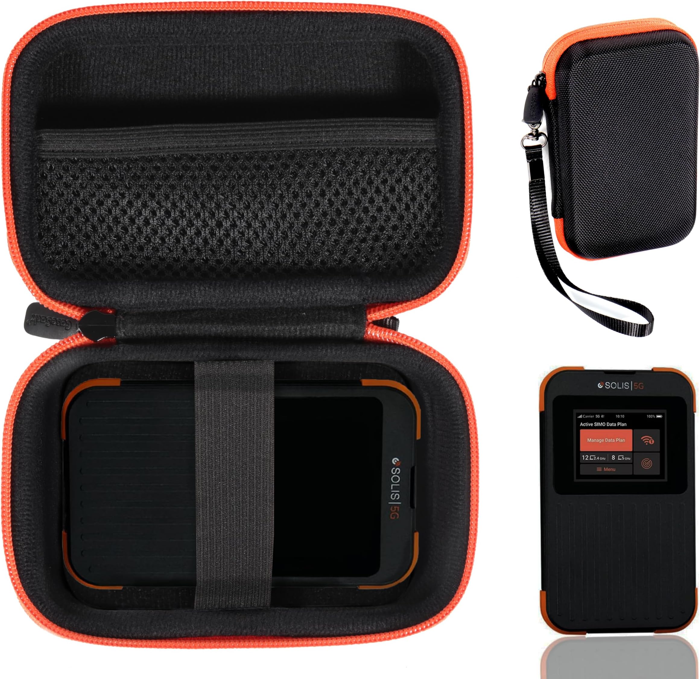 CaseSack Case for SIMO Solis 5G WiFi Mobile Hotspot for Travel (Black with Orange Zip)