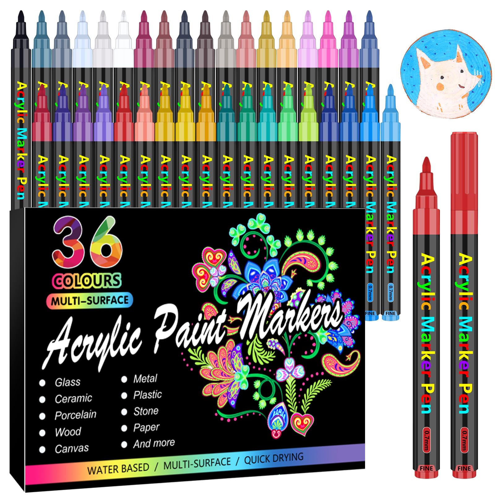 36 Colors Acrylic Paint Pens Paint Markers, 0.7mm Extra Fine Acrylic Paint Pens for Canvas, Rock Painting, Wood, Glass, Metal, Ceramic, Stone, DIY Crafts & Art Supplies