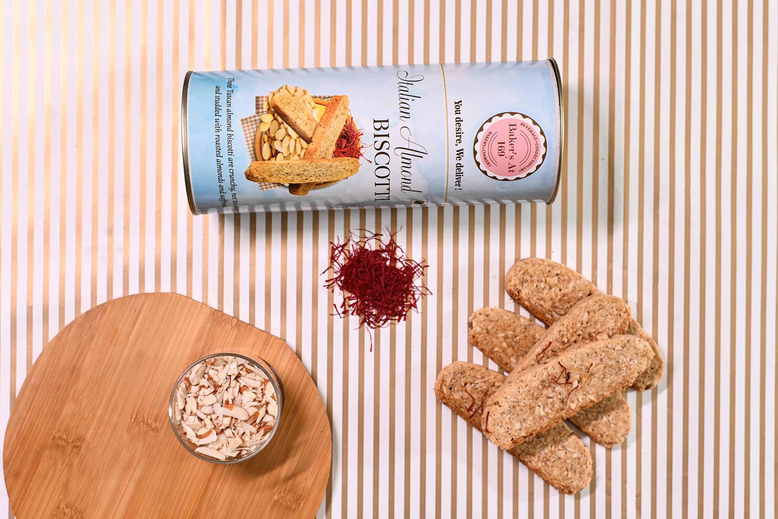 Bakers At 169 Degree Italian Almond Biscotti 250 Gms | These tuscan almond biscotti are crunchy are not too sweet and studded with roasted almonds and saffron | Handmade Gourmet Biscuits