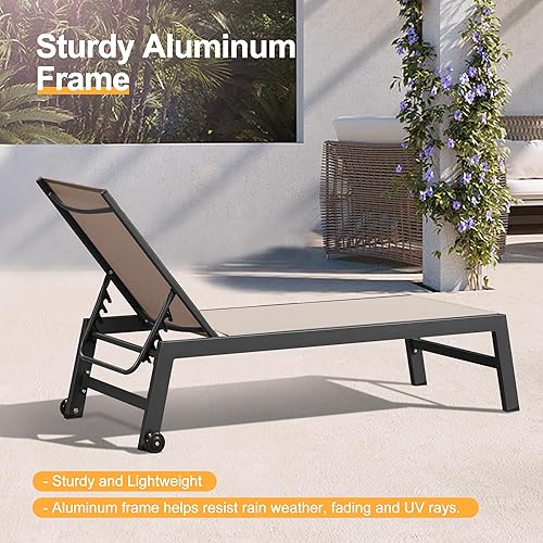 Miniatura 8 de PURPLE LEAF Tumbona para exteriores con ruedas para exteriores, 2 piezas, silla de patio de aluminio con 5 posiciones ajustables reclinables para