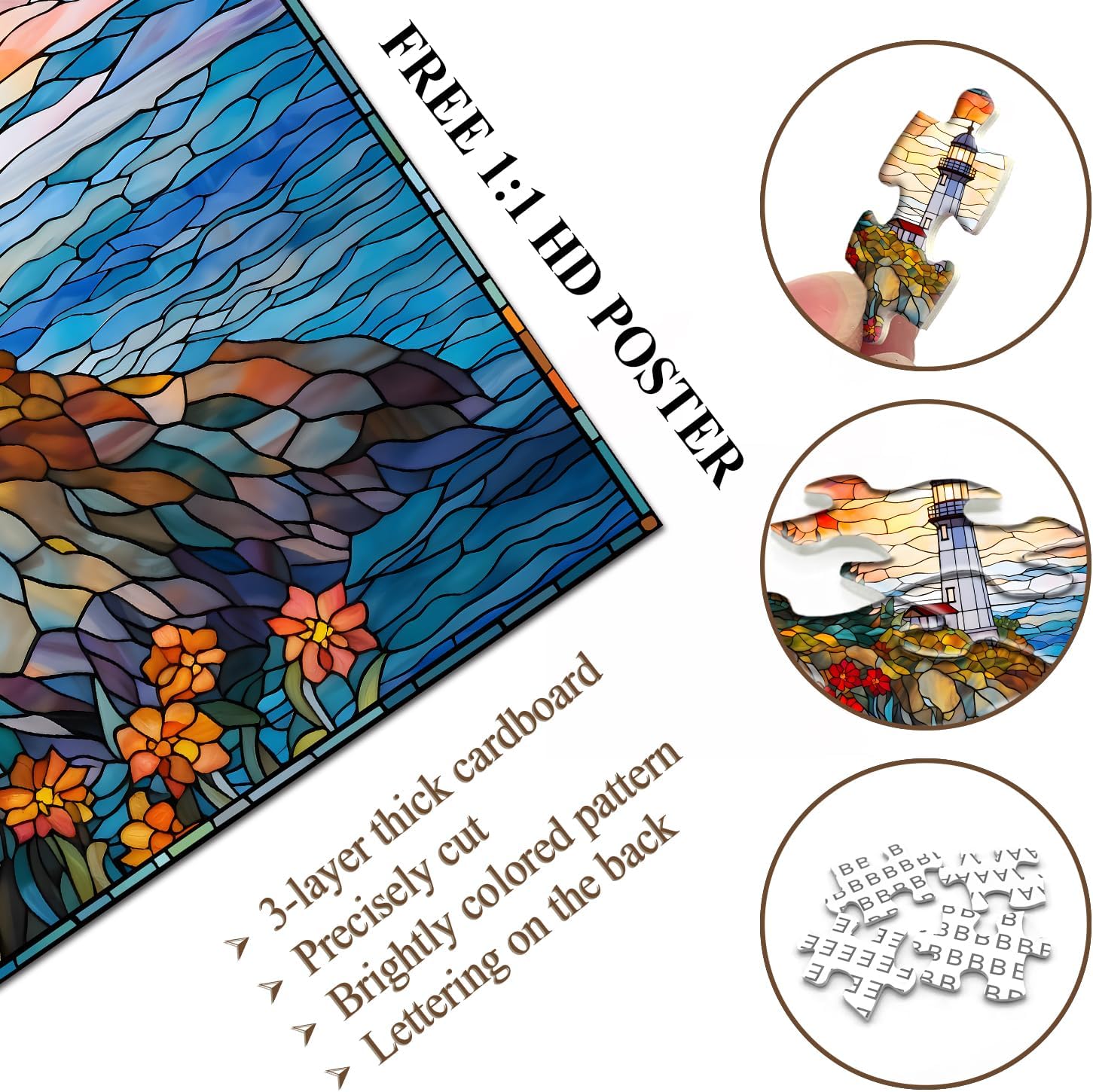 Stained Glass Lighthouse Puzzles for Adults 1000 Piece, Mosaic Beach Puzzle Hard, Impossible Difficult Challenging Puzzles, Lighthouse Scenic Jigsaw Puzzles