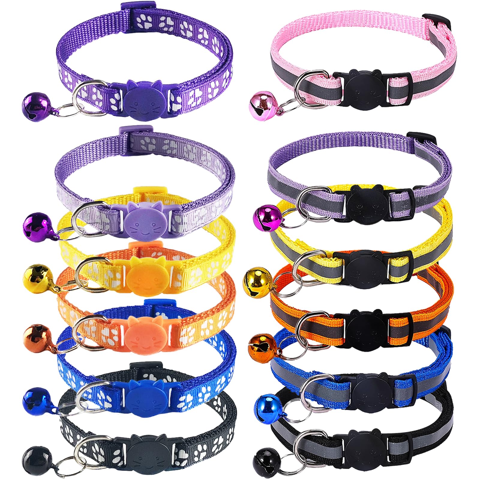 DKDDSSS 12 Piezas Collar Gato Reflectante, Collar para Gato, Collares de Seguridad para Gatos de liberación rápida, Collar Ajustable para Gatitos con cascabeles, 19-32cm