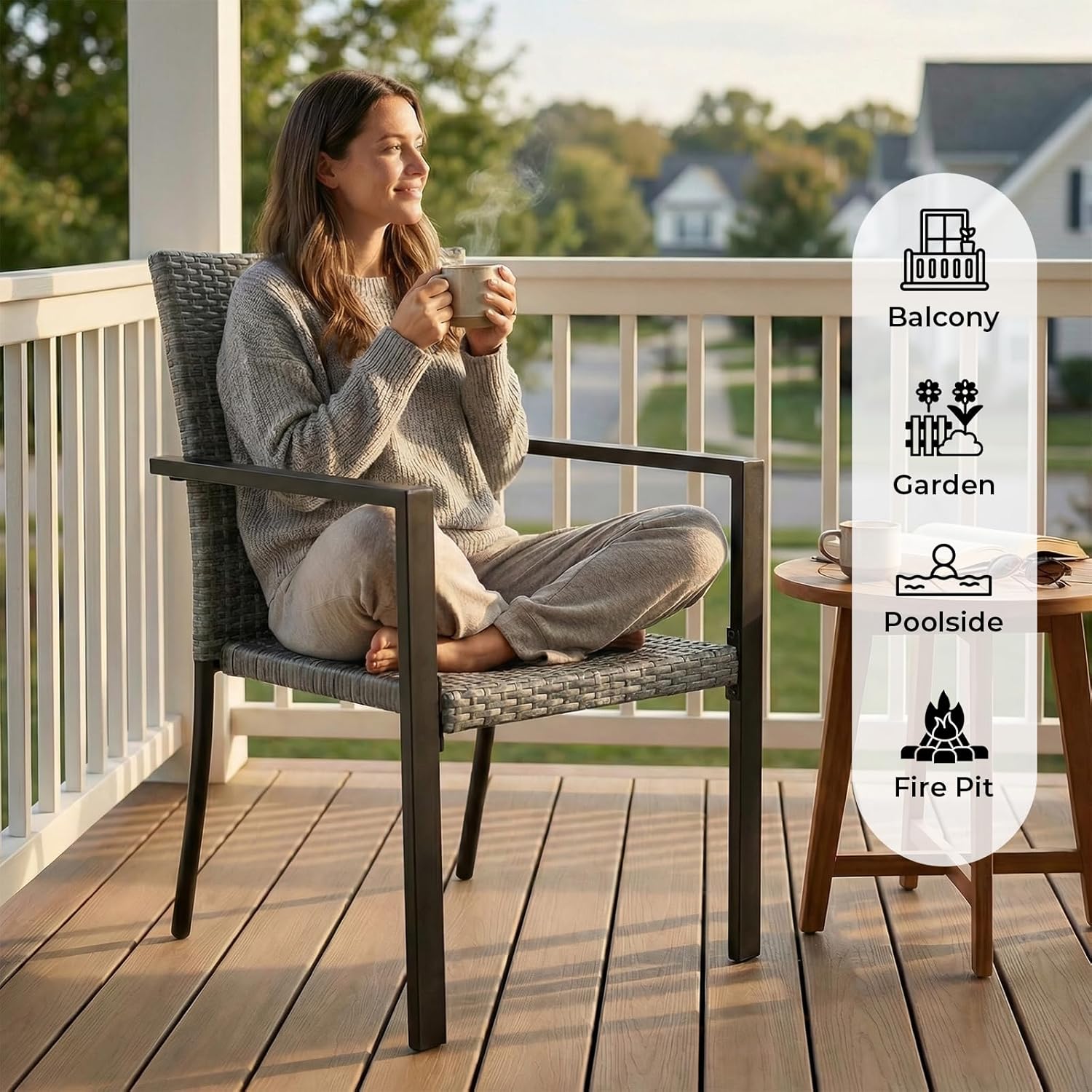 SWITTE Stackable Patio Chairs Set of 2, Outdoor Wicker Dining Chairs with Armrests & Steel Frame, All-Weather Space-Saving Armchairs for Balcony, Garden, Poolside or Fire Pit Area - Grey