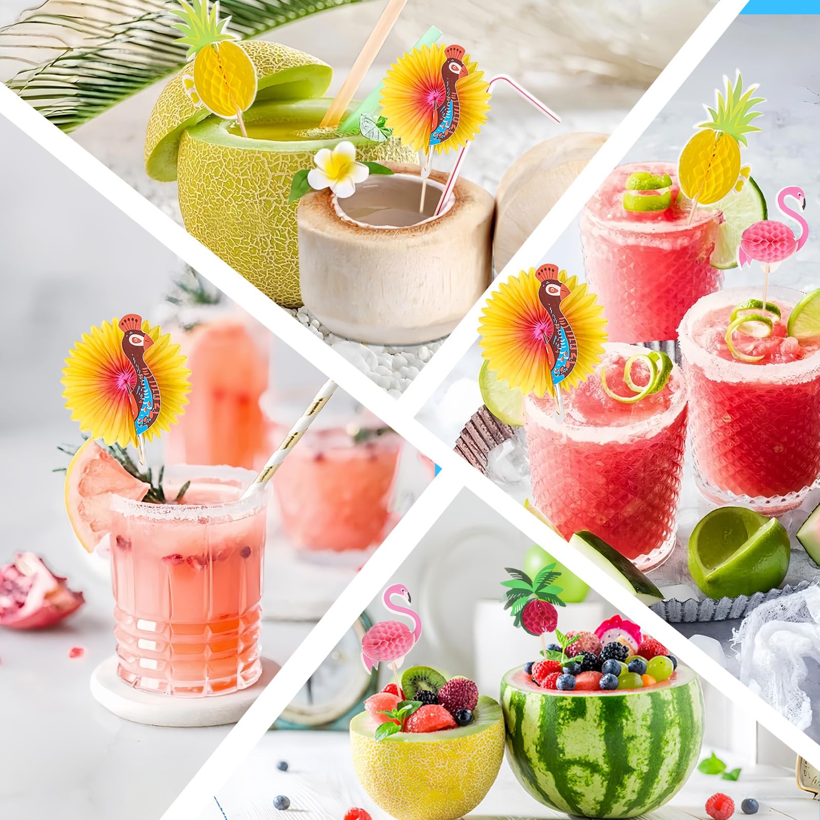 EKKONG 100 Pezzi Spiedini Cocktail in Legno, Decorazioni 3D Fenicottero Ananas Pavone Albero di Cocco, Spiedini Hawaiani per Feste Estive, Compleanni, Bar, Bevande, Torte, Cupcake (A)